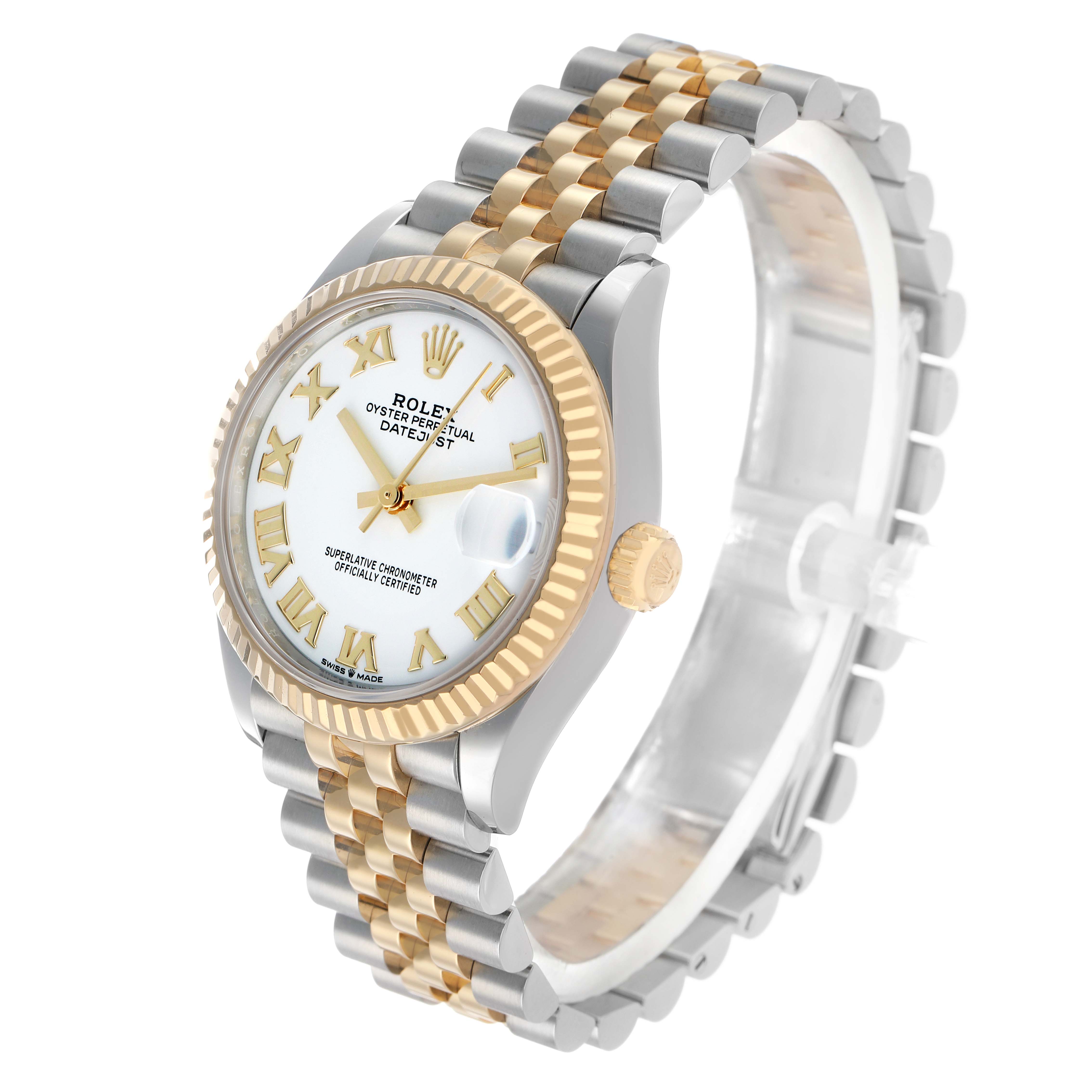 The Rolex Datejust 278273 Women
s Steel and Gold (two tone) White Dial watch is shown at a three-quarter angle, highlighting the face, bezel, crown, and jubilee bracelet.