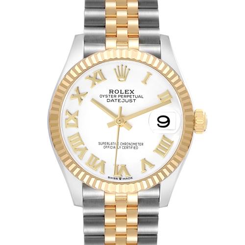 The Rolex Datejust 278273 Women
s Steel and Gold (two tone) White Dial watch is shown from the front, displaying the dial, hands, crown, bezel, and part of the bracelet.