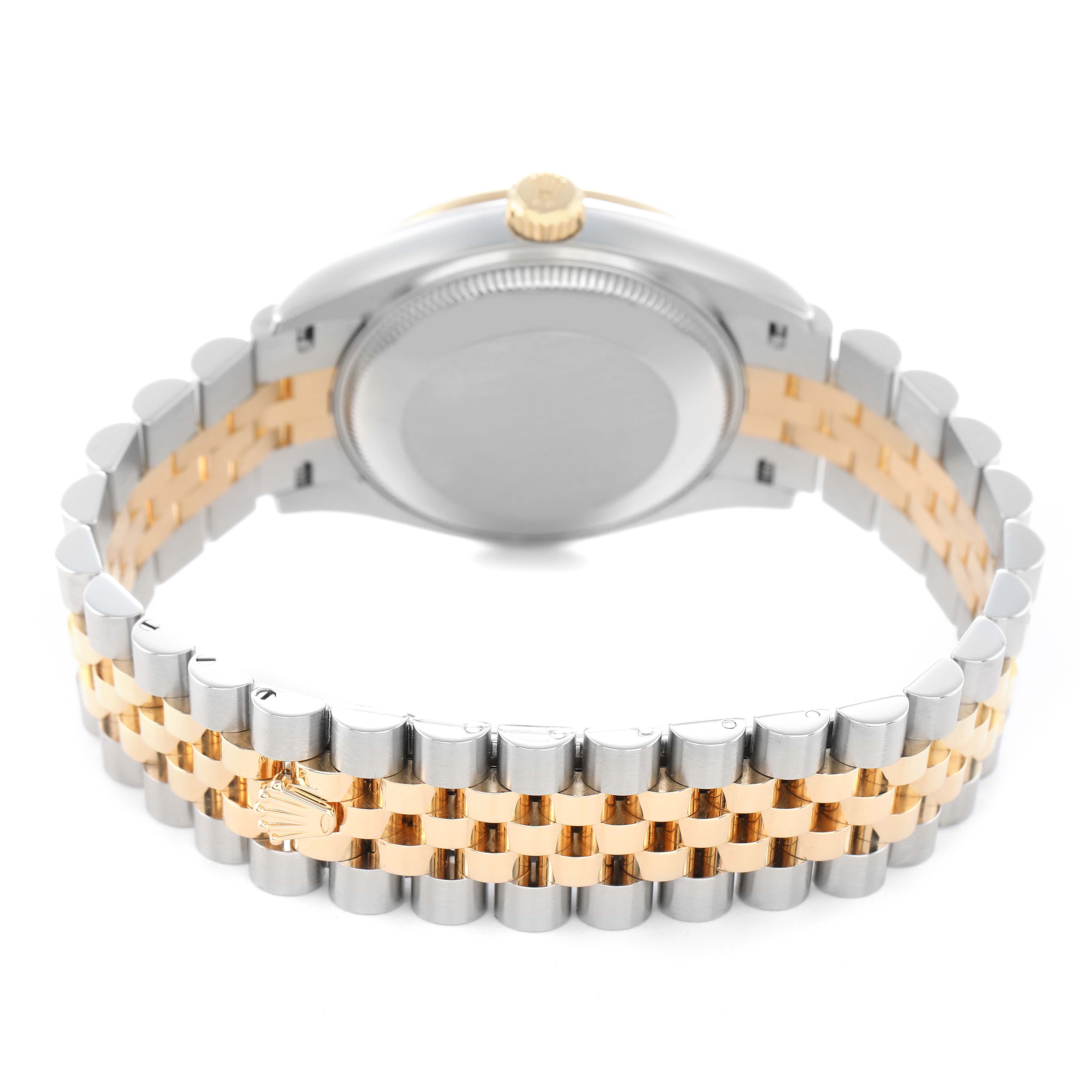 The image shows the back view of a Rolex Datejust 278273 Women
s Steel and Gold (two tone) White Dial watch, featuring the two-tone Jubilee bracelet and case back.
