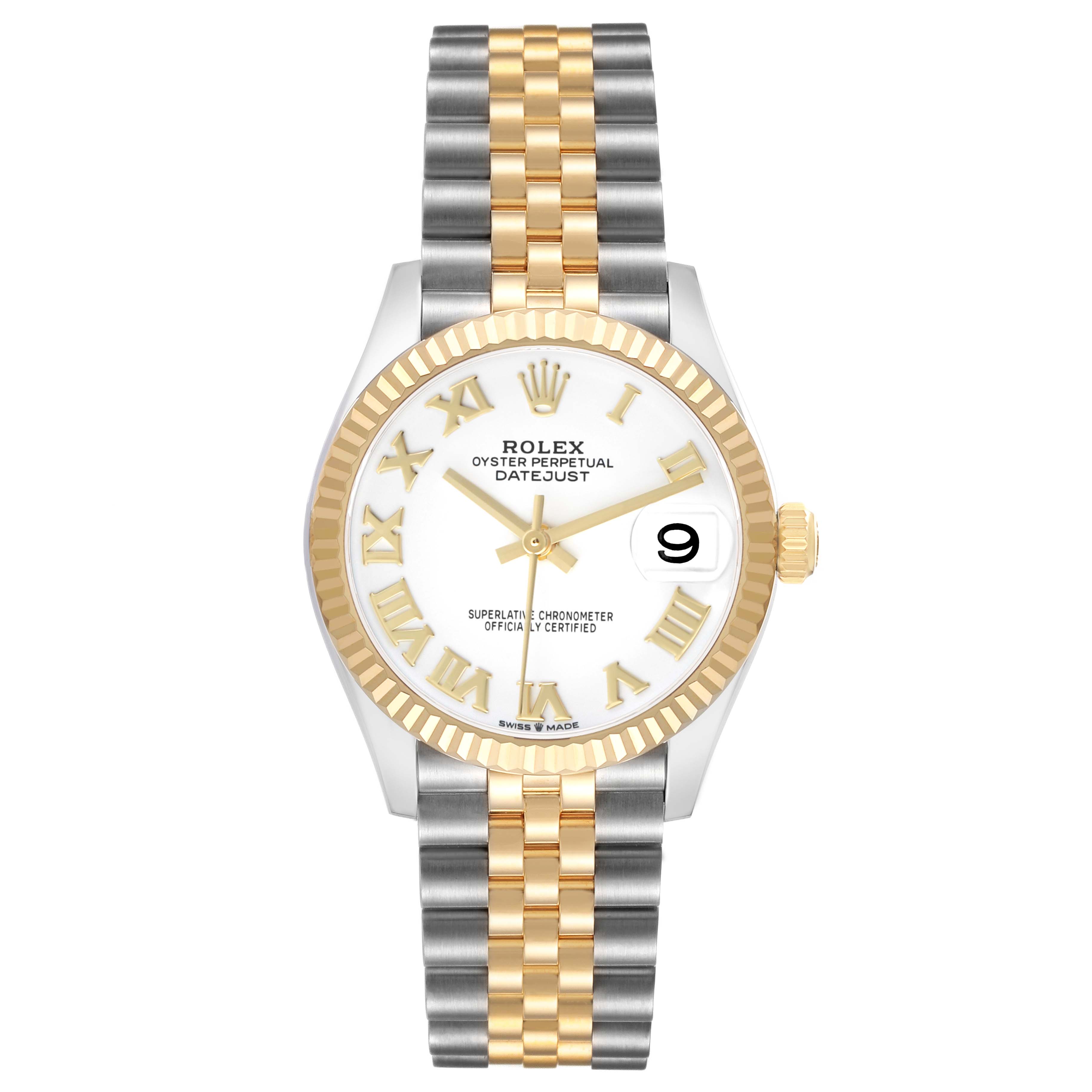 The Rolex Datejust 278273 Women
s Steel and Gold (two tone) White Dial watch is shown from a front view, featuring a two-tone bracelet, gold bezel, and a white dial with Roman numerals.