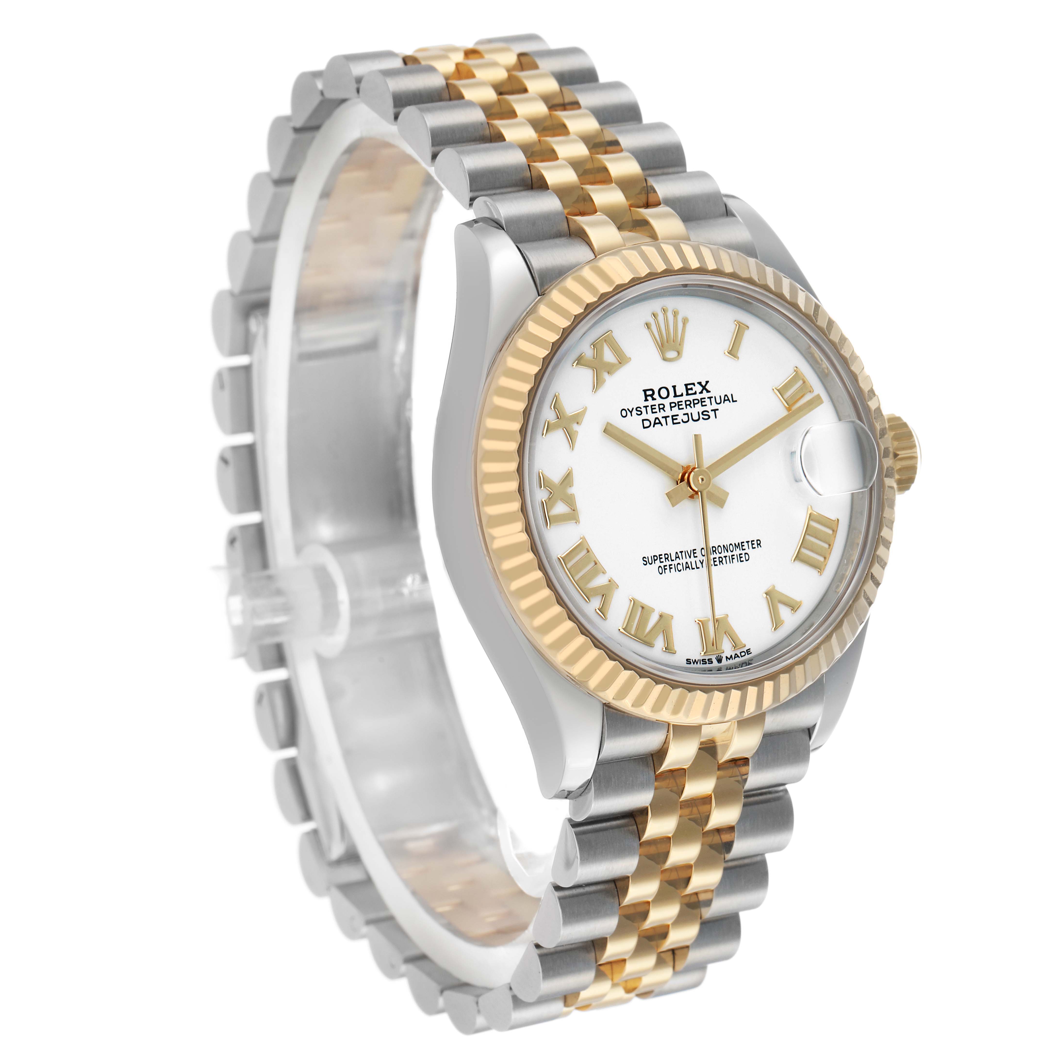 The image shows a Rolex Datejust 278273 Women
s Steel and Gold (two tone) White Dial watch at a three-quarter angle, highlighting the dial, fluted bezel, and two-tone bracelet.
