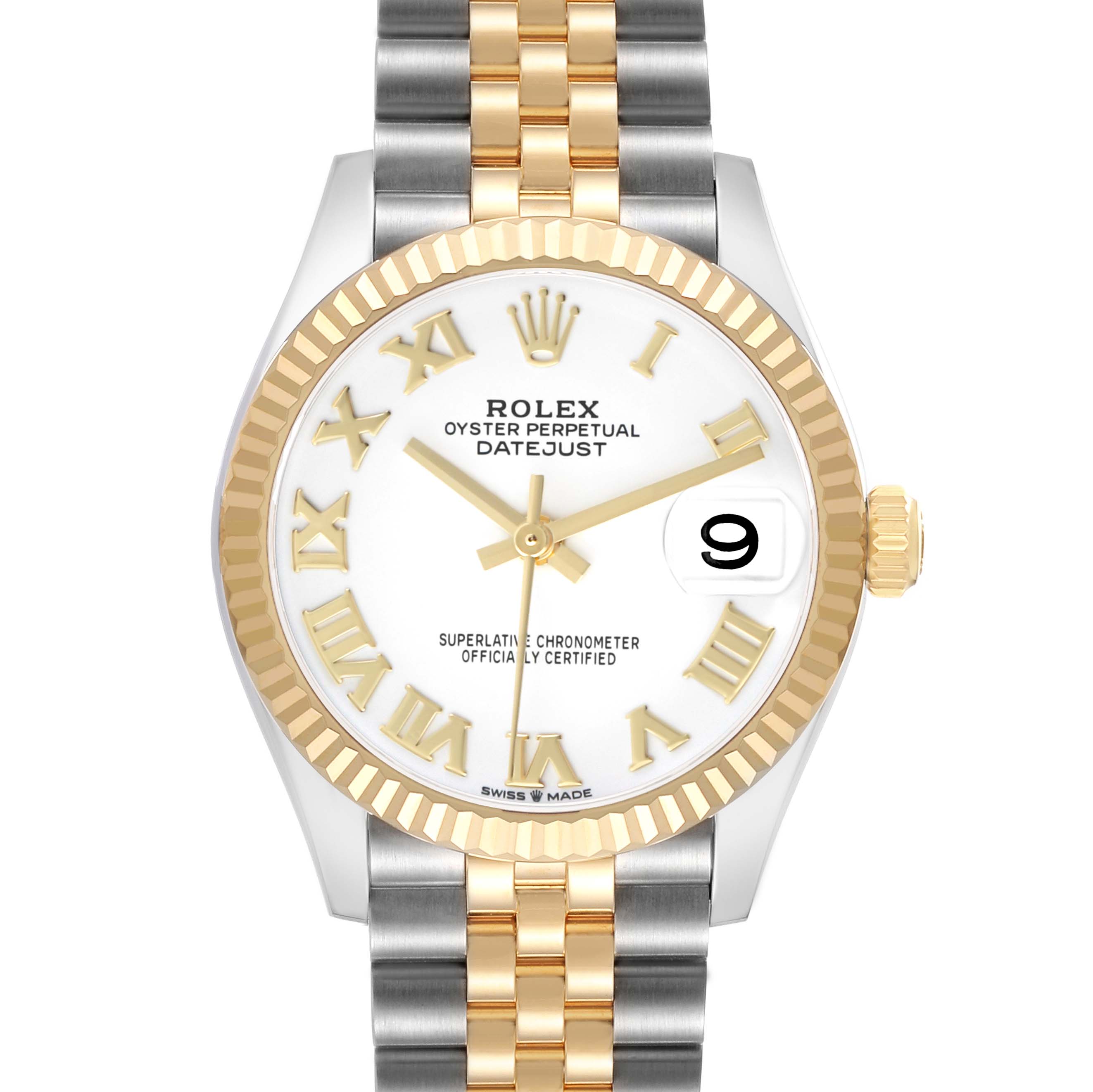 The Rolex Datejust 278273 Women
s Steel and Gold (two tone) White Dial watch is shown from a front view, displaying the dial, bezel, crown, and bracelet.