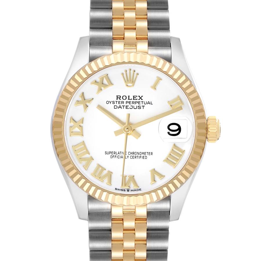 The Rolex Datejust 278273 Women
s Steel and Gold (two tone) White Dial watch is shown from a front view, displaying the dial, bezel, crown, and bracelet.