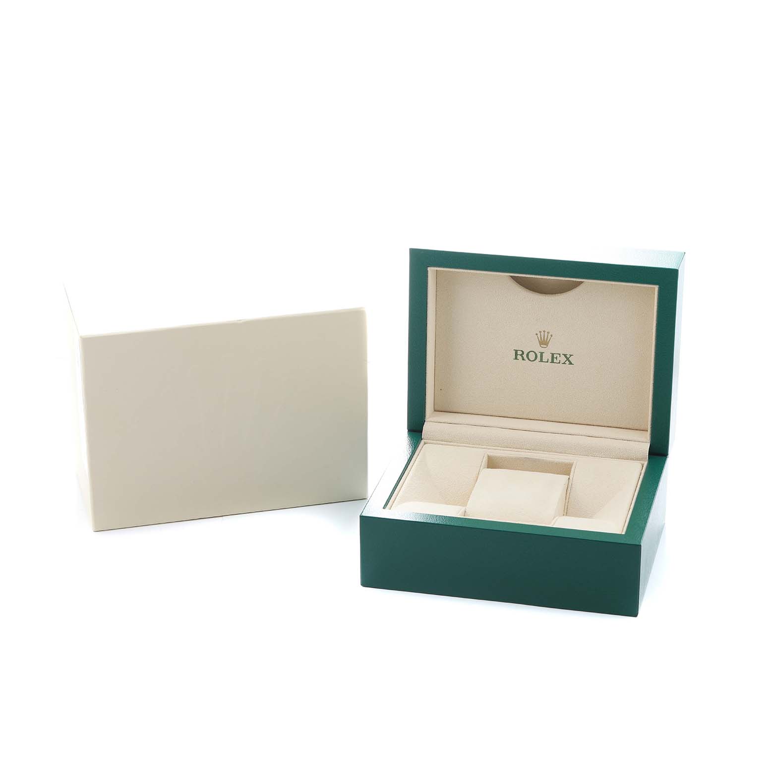 The image shows a Rolex Datejust 278273 Women
s Steel and Gold (two tone) White Dial watch box and interior from a front angle, highlighting the logo and compartments.