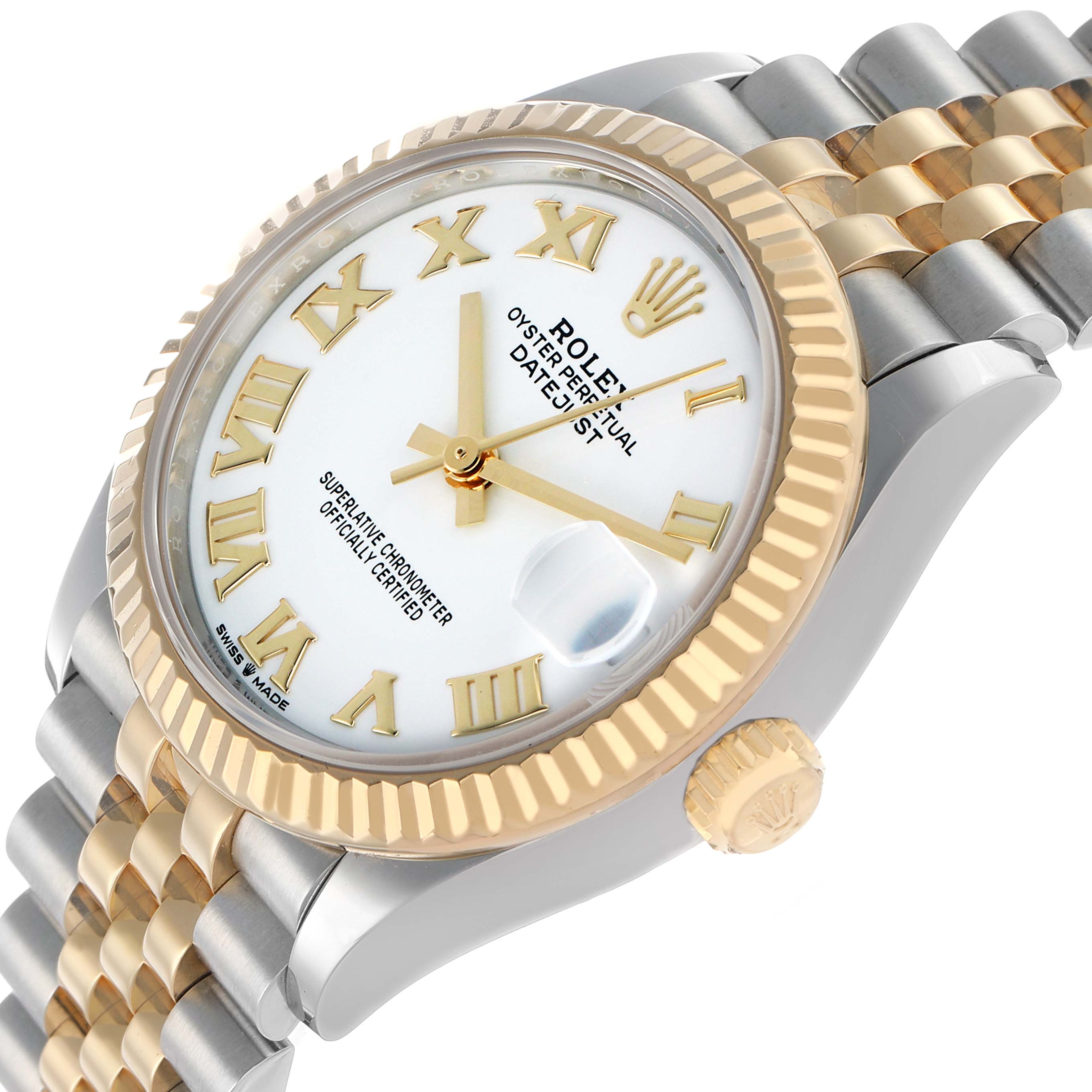 The Rolex Datejust 278273 Women
s Steel and Gold (two tone) White Dial watch is shown at a tilted angle, highlighting its gold fluted bezel, white dial, and two-tone bracelet.