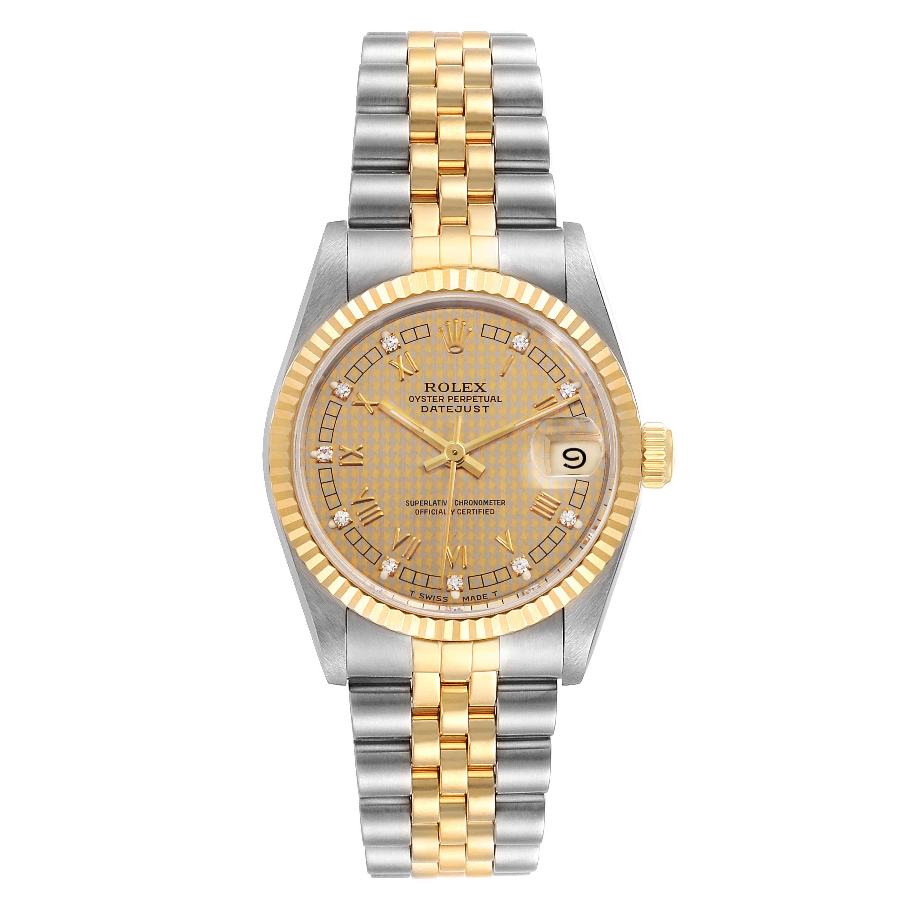 The image shows a front view of the Mid-Size Rolex Oyster Perpetual Datejust watch, highlighting its two-tone bracelet and fluted bezel.