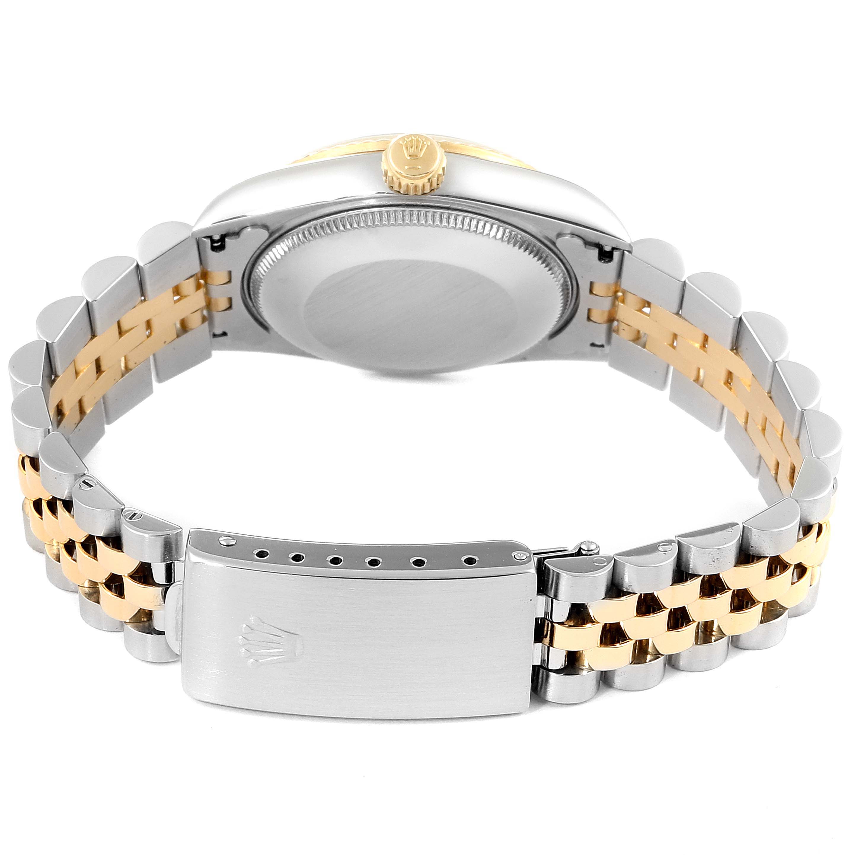 This Rolex Mid-Size 68273 Women's Steel and Gold (two tone) Champagne Dial 68273 Women's Steel and Gold (two tone) Champagne Dial model is shown from the back, highlighting the case back, crown, and two-tone bracelet with clasp.