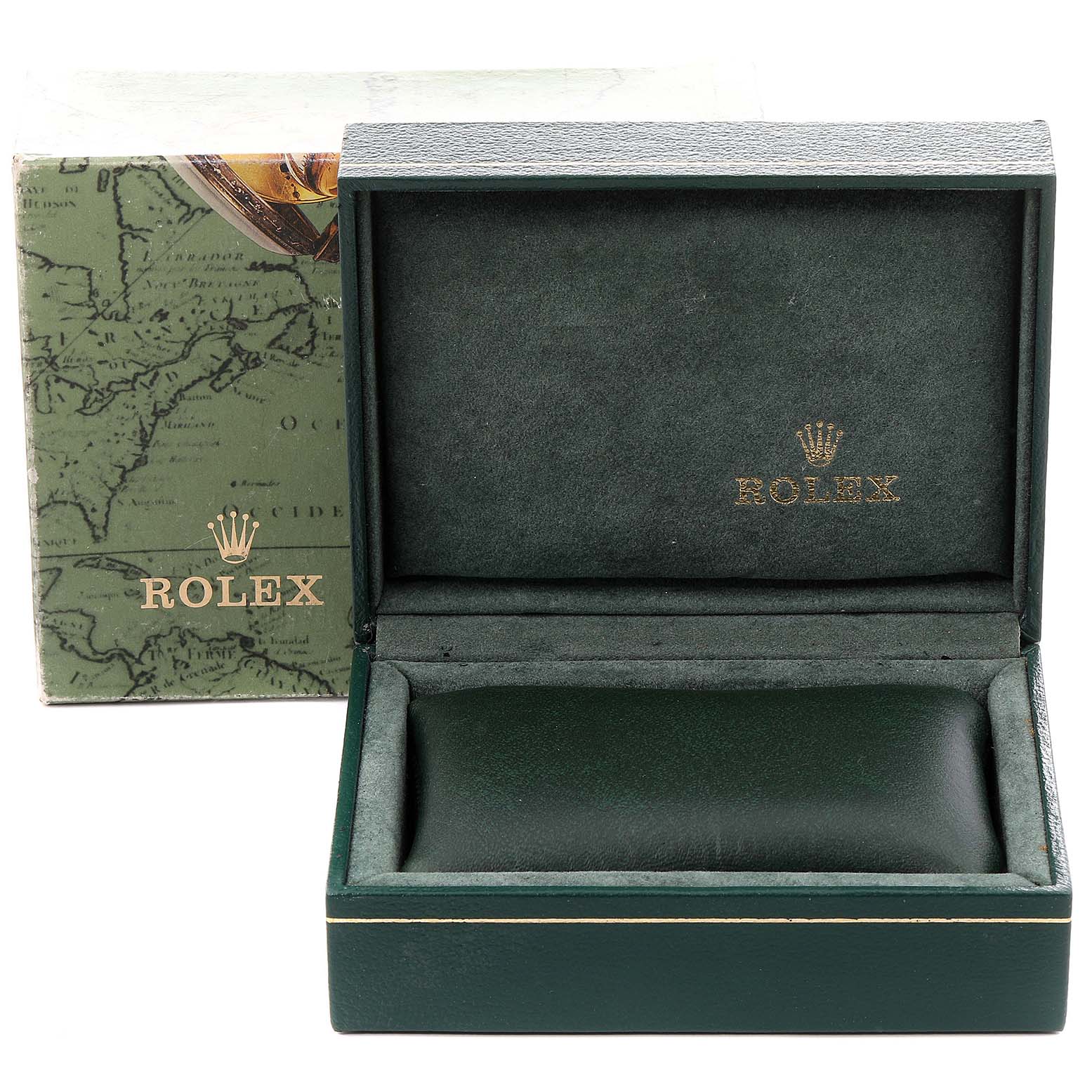 The image shows an open Rolex watch box, with green interior padding, designed for a Mid-Size model by Rolex.