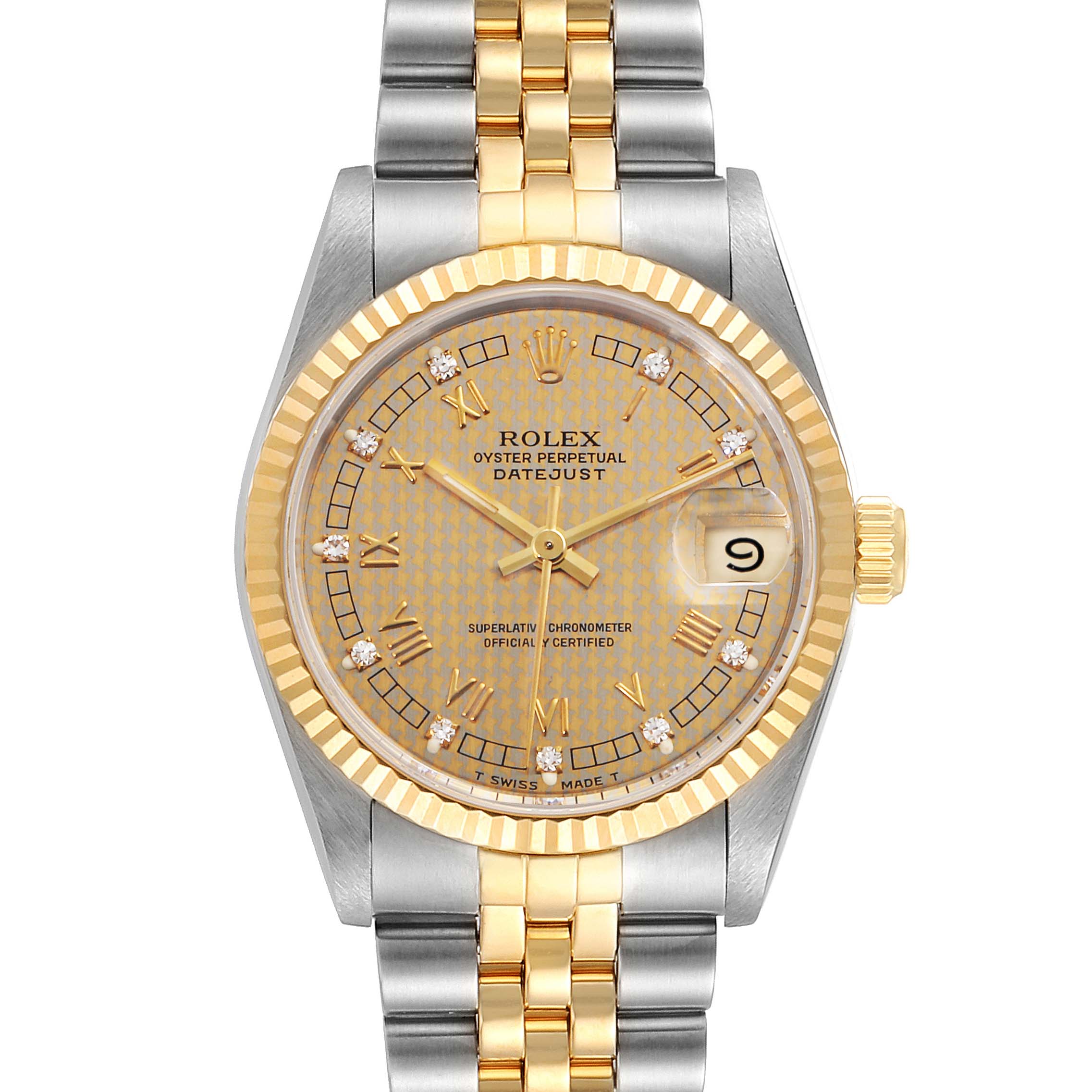 This image shows a full front view of a Rolex Mid-Size 68273 Women's Steel and Gold (two tone) Champagne Dial 68273 Women's Steel and Gold (two tone) Champagne Dial Datejust watch, featuring a two-tone bracelet and gold fluted bezel.