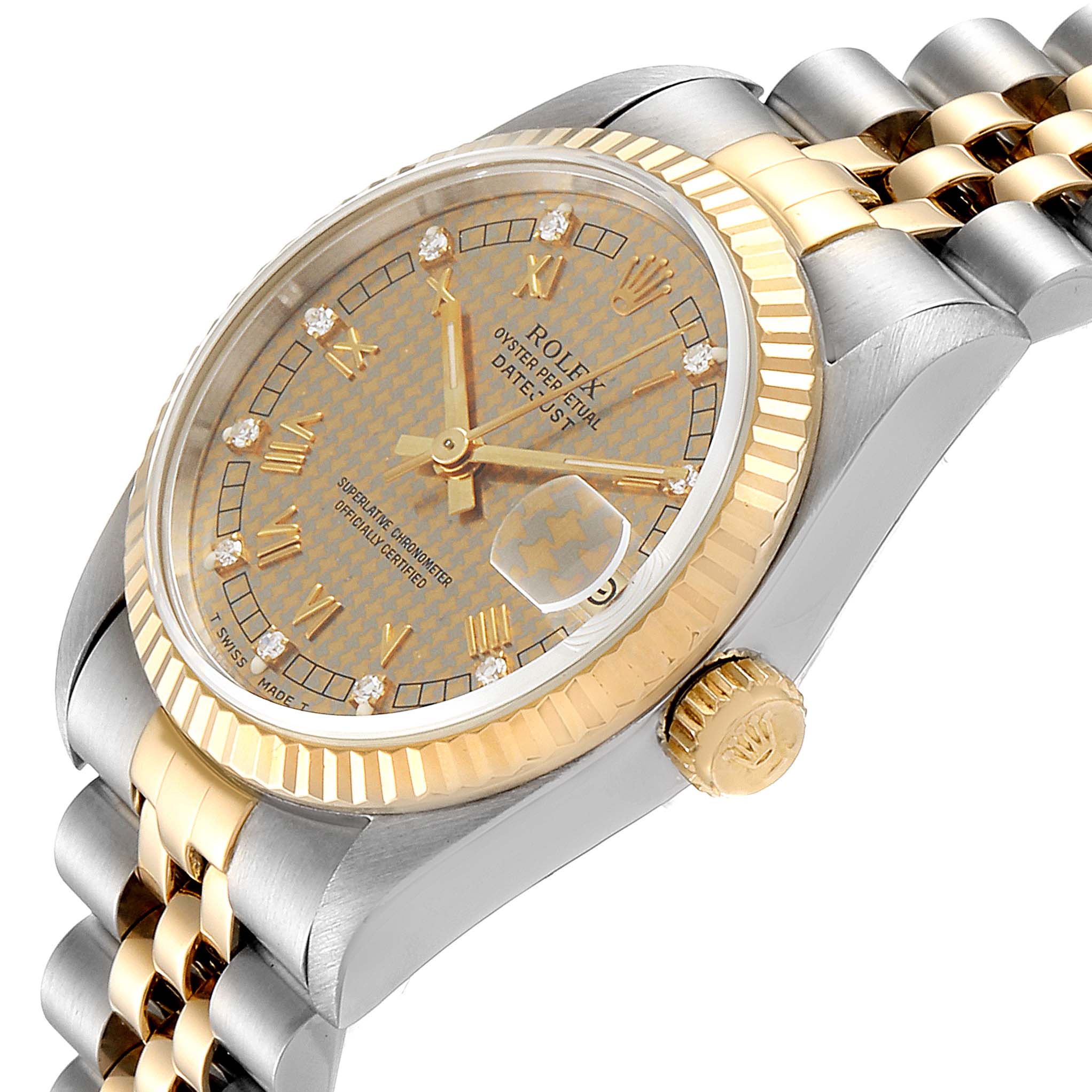 The image shows a side-angle view of a Rolex Mid-Size 68273 Women's Steel and Gold (two tone) Champagne Dial 68273 Women's Steel and Gold (two tone) Champagne Dial model watch, highlighting the dial, crown, and two-tone bracelet.