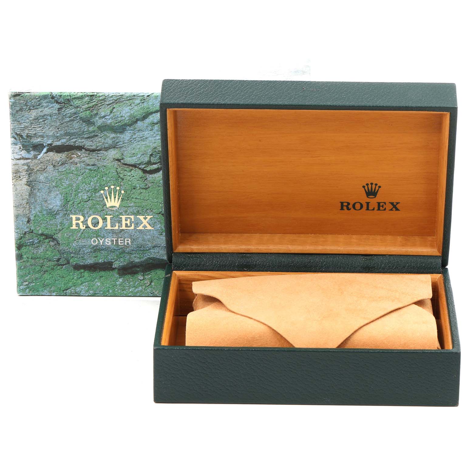 The image shows a Rolex box for a Mid-Size model, featuring the exterior green box and the interior wooden box with a cushioned watch holder.