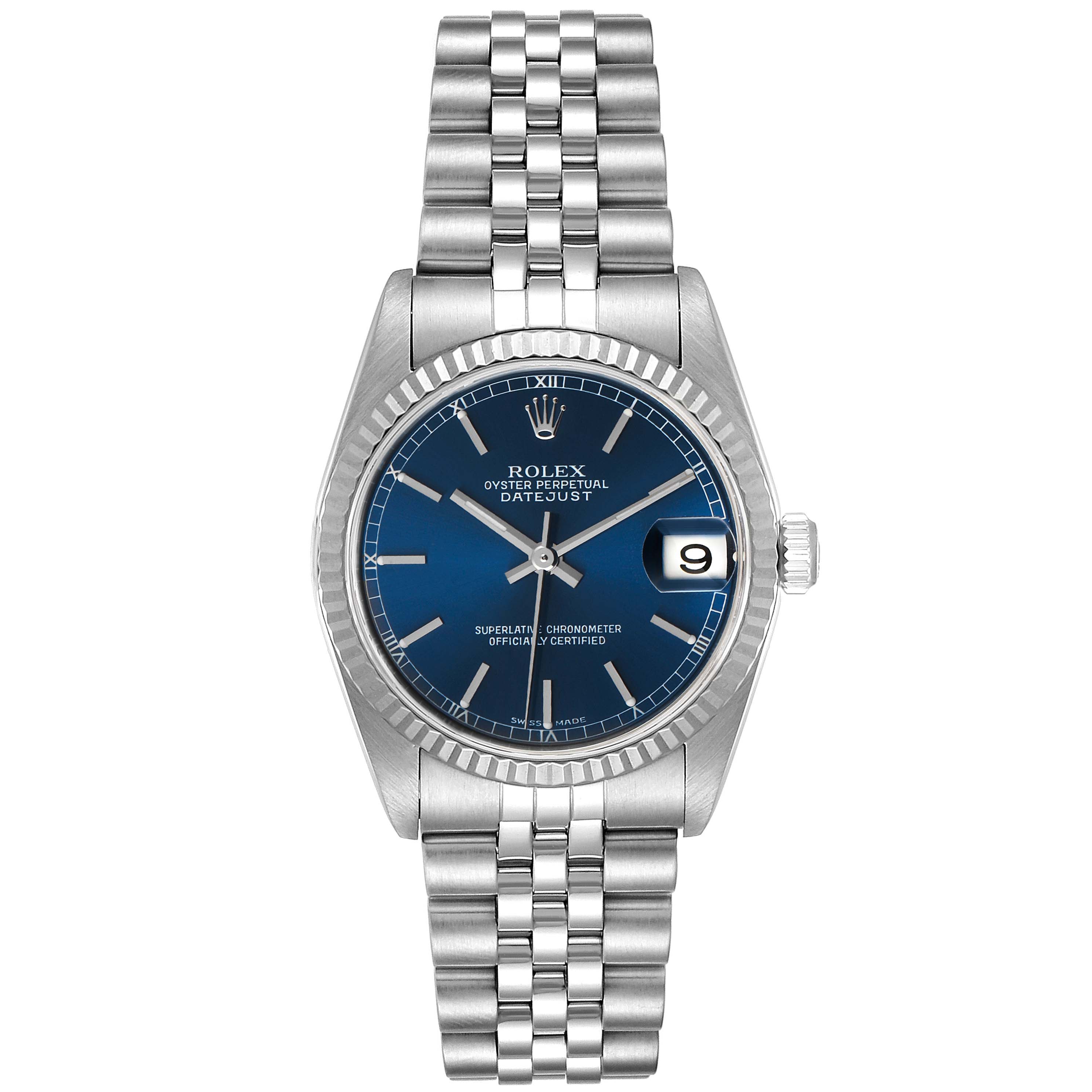 This is a front view of a Rolex Mid-Size 78274 Women
s Stainless Steel Blue Dial 78274 Women
s Stainless Steel Blue Dial Datejust watch displaying its dial, bezel, bracelet, and crown.