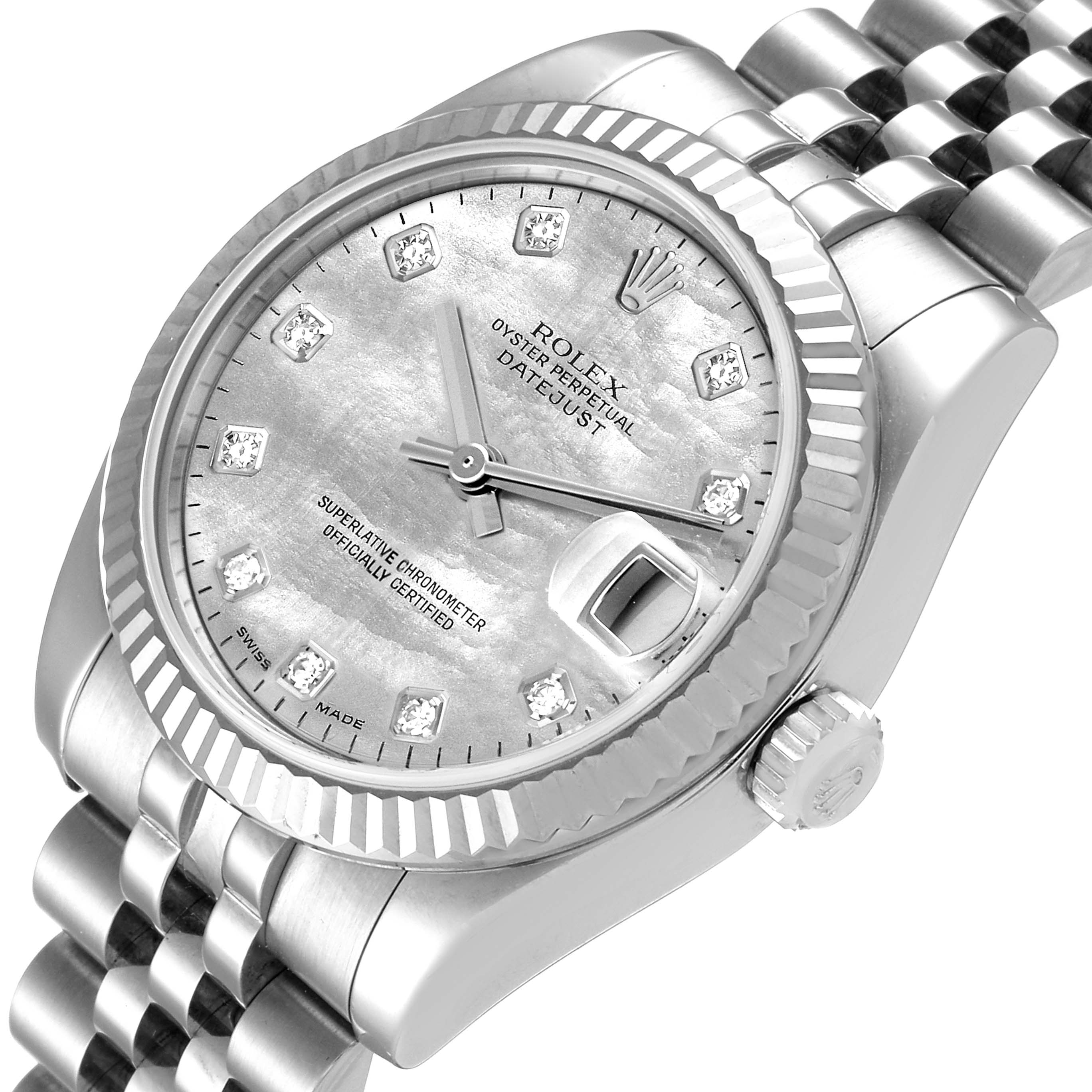 The image shows a close-up of the dial, bezel, crown, and bracelet of a Rolex Mid-Size 178274 Women
s Stainless Steel Mother of Pearl Dial 178274 Women
s Stainless Steel Mother of Pearl Dial Datejust watch.