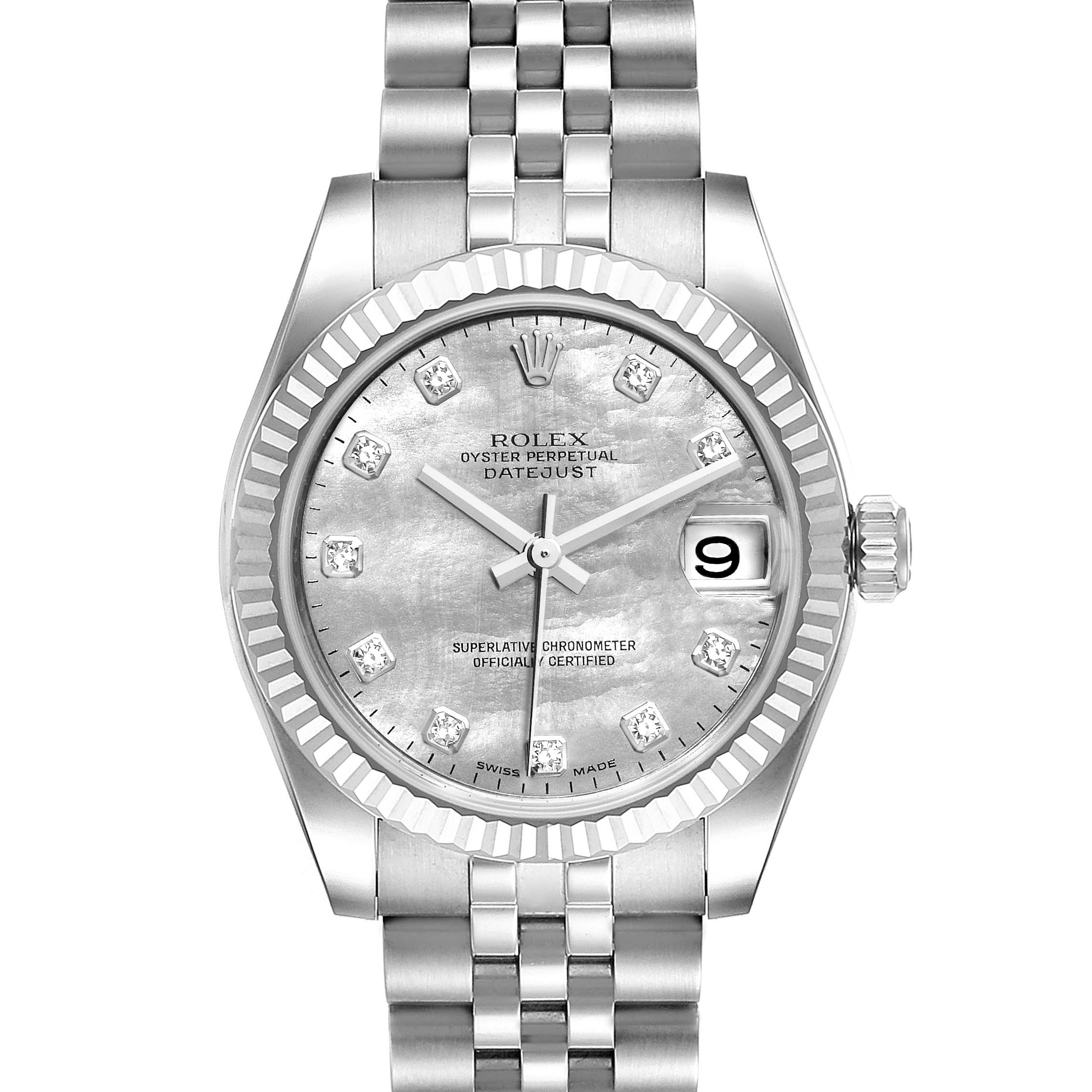 The image shows a front view of a Mid-Size Rolex Oyster Perpetual Datejust watch, displaying its dial, bezel, and bracelet.