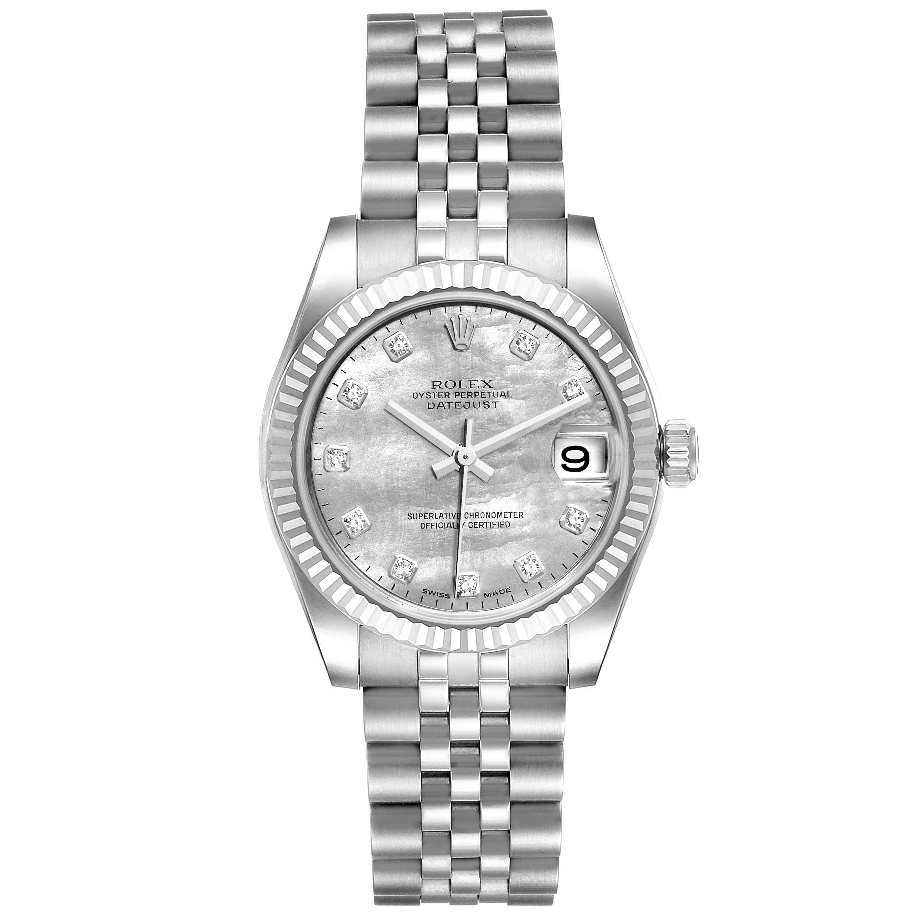 The image shows a front view of a Rolex Mid-Size 178274 Women
s Stainless Steel Mother of Pearl Dial 178274 Women
s Stainless Steel Mother of Pearl Dial Datejust watch featuring a fluted bezel and Jubilee bracelet.