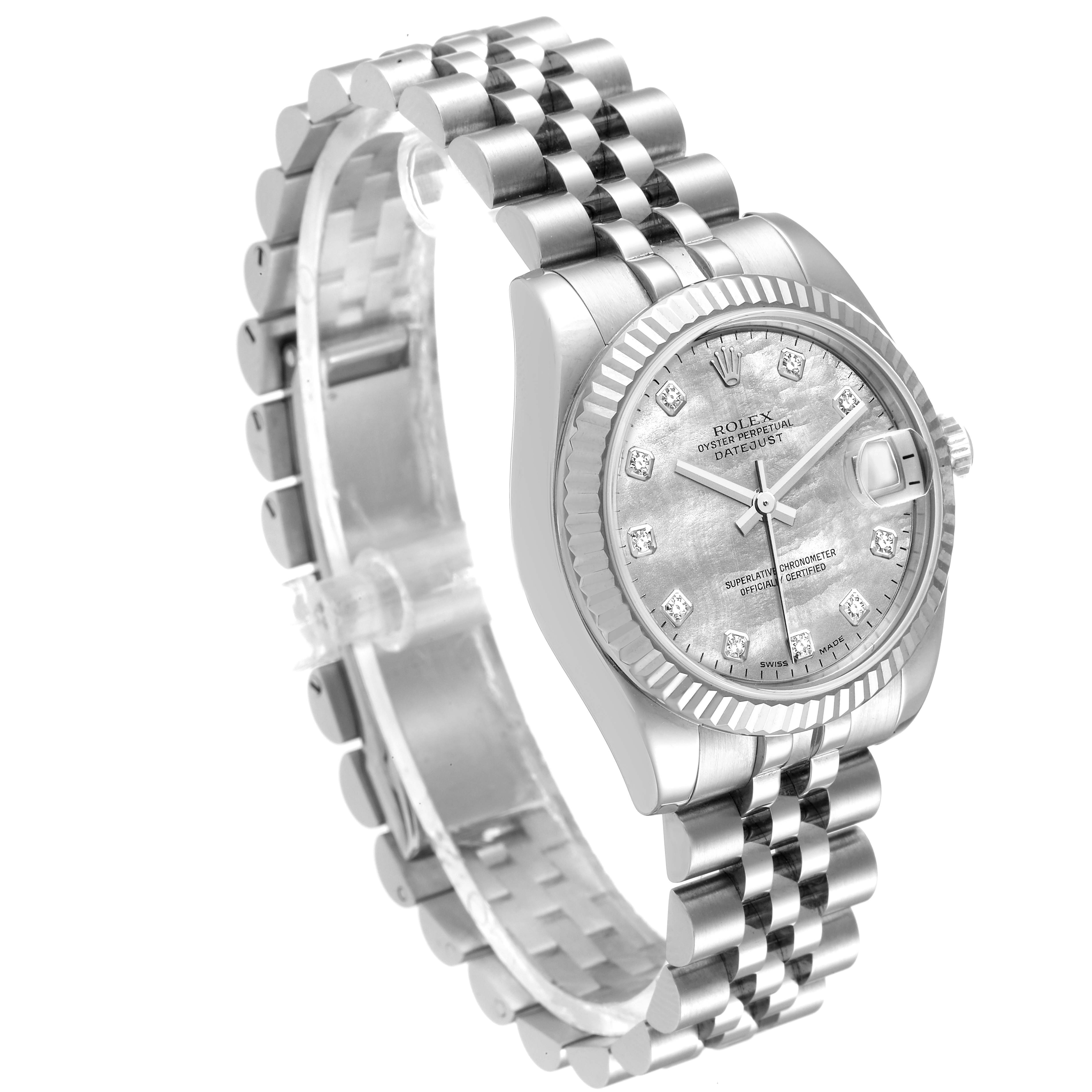 This image shows a Rolex Mid-Size 178274 Women
s Stainless Steel Mother of Pearl Dial 178274 Women
s Stainless Steel Mother of Pearl Dial model watch at an angle that highlights the face, bezel, and bracelet.