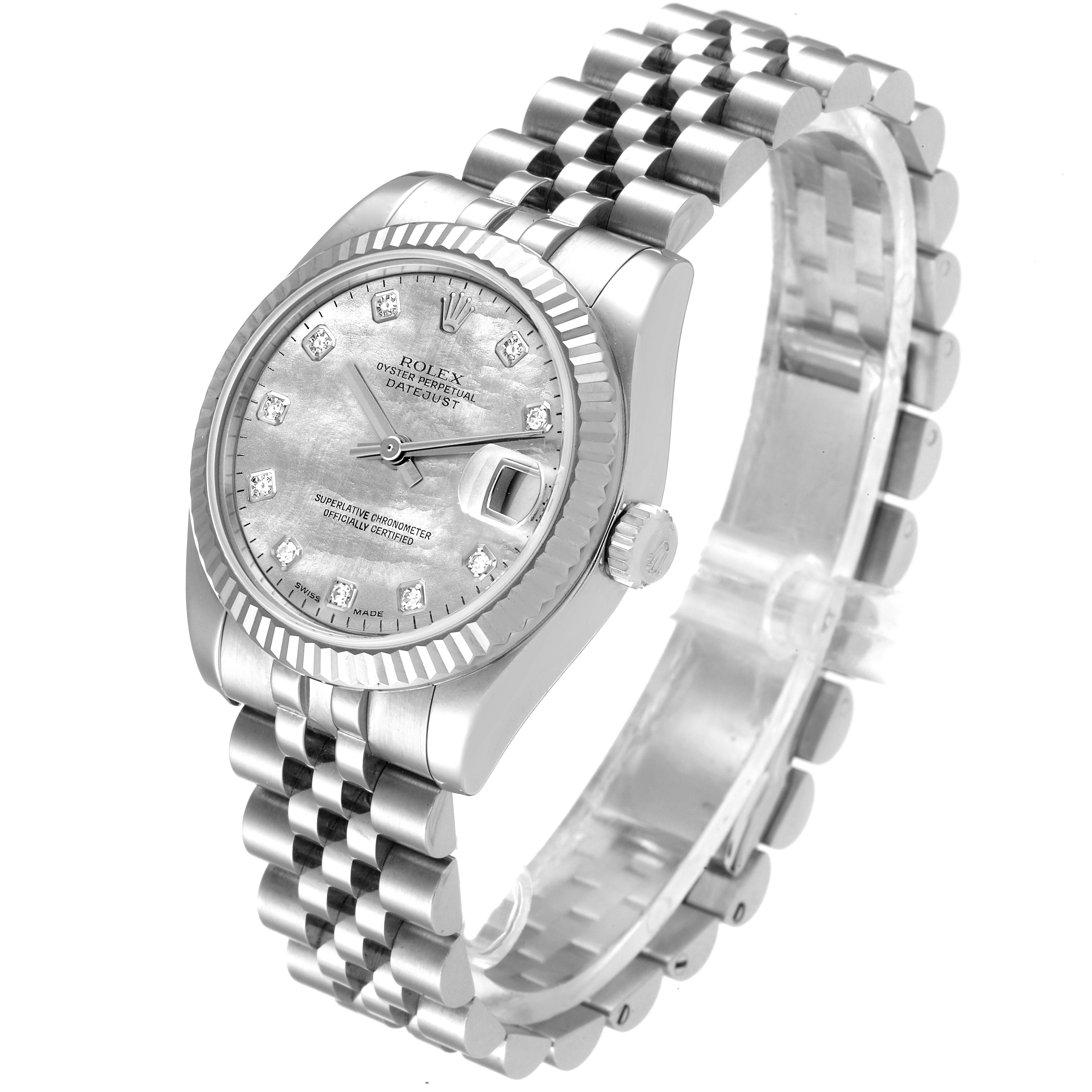 This image shows a three-quarter angled view of a Rolex Mid-Size 178274 Women
s Stainless Steel Mother of Pearl Dial 178274 Women
s Stainless Steel Mother of Pearl Dial Datejust watch highlighting the bezel, dial, bracelet, and crown.