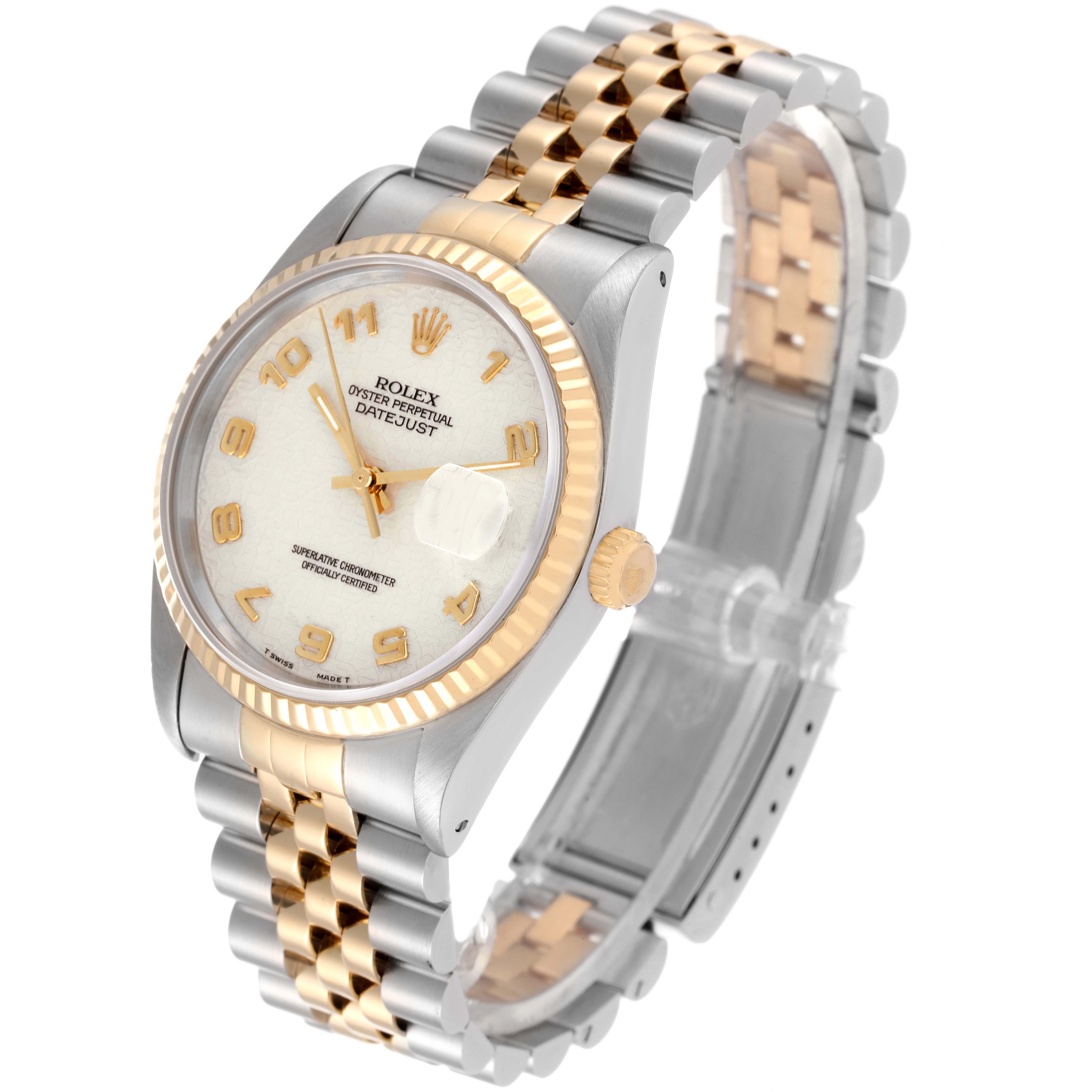 The image shows a Rolex Datejust 16233 Men's Steel and Gold (two tone) Beige Dial 16233 Men's Steel and Gold (two tone) Beige Dial watch angled to display the dial, fluted bezel, crown, and two-tone Jubilee bracelet.