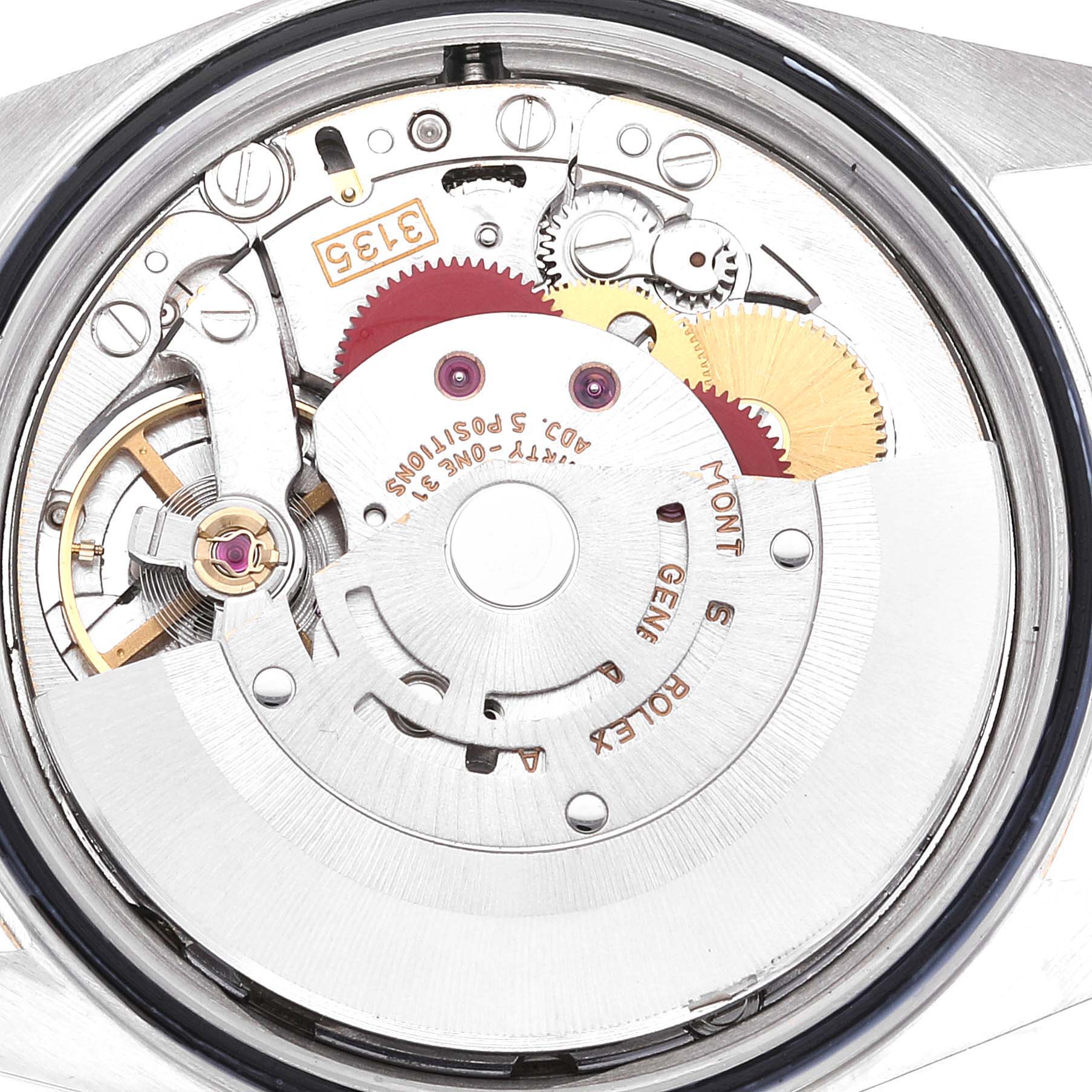 The image shows the internal mechanism and movement of the Rolex Datejust 16233 Men's Steel and Gold (two tone) Beige Dial 16233 Men's Steel and Gold (two tone) Beige Dial watch viewed from the back.