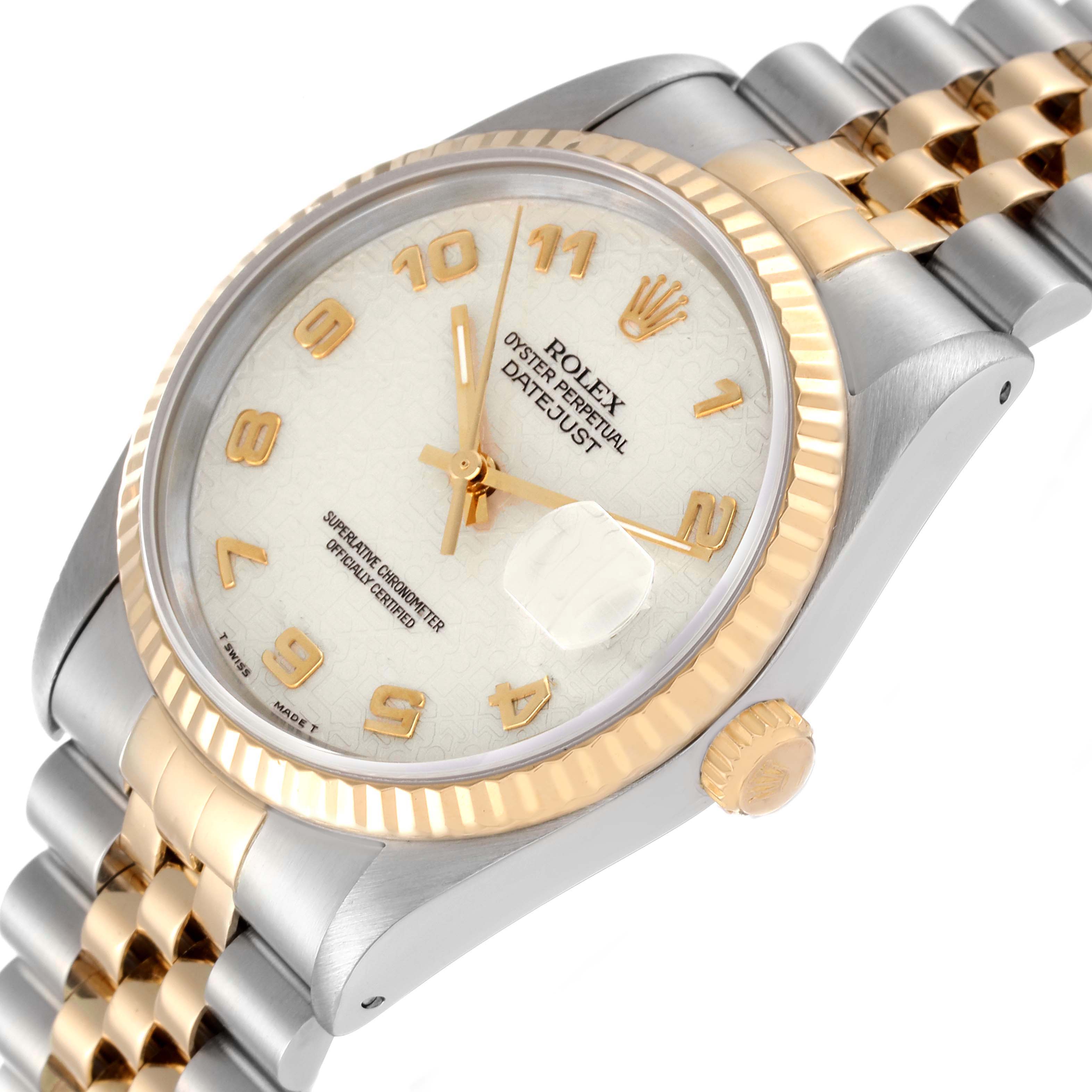 The image shows a close-up, angled view of a Rolex Datejust 16233 Men's Steel and Gold (two tone) Beige Dial 16233 Men's Steel and Gold (two tone) Beige Dial watch, highlighting the dial, bezel, crown, and part of the bracelet.