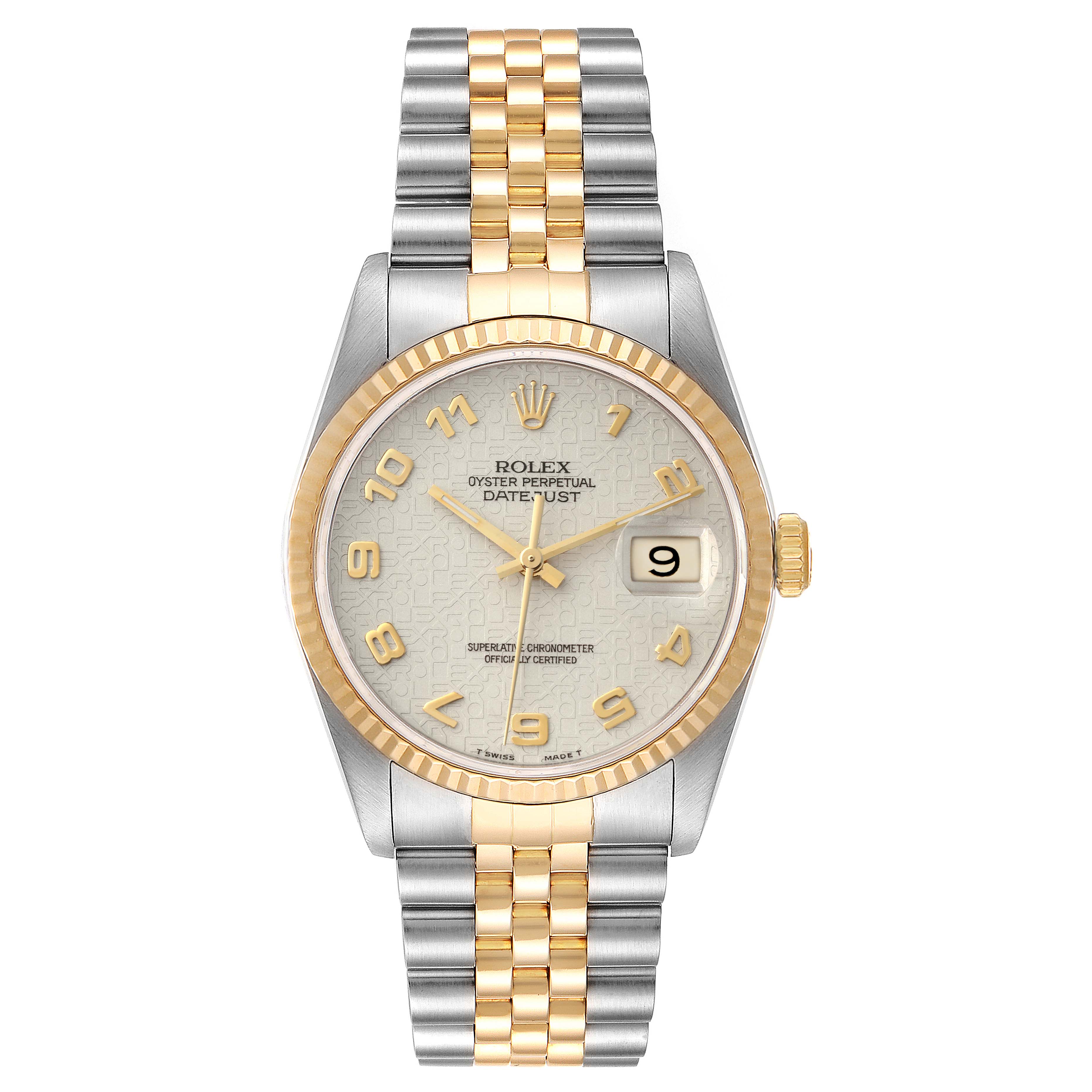 This image shows a Rolex Datejust 16233 Men's Steel and Gold (two tone) Beige Dial 16233 Men's Steel and Gold (two tone) Beige Dial watch from a front angle, highlighting the dial, bezel, and bracelet.
