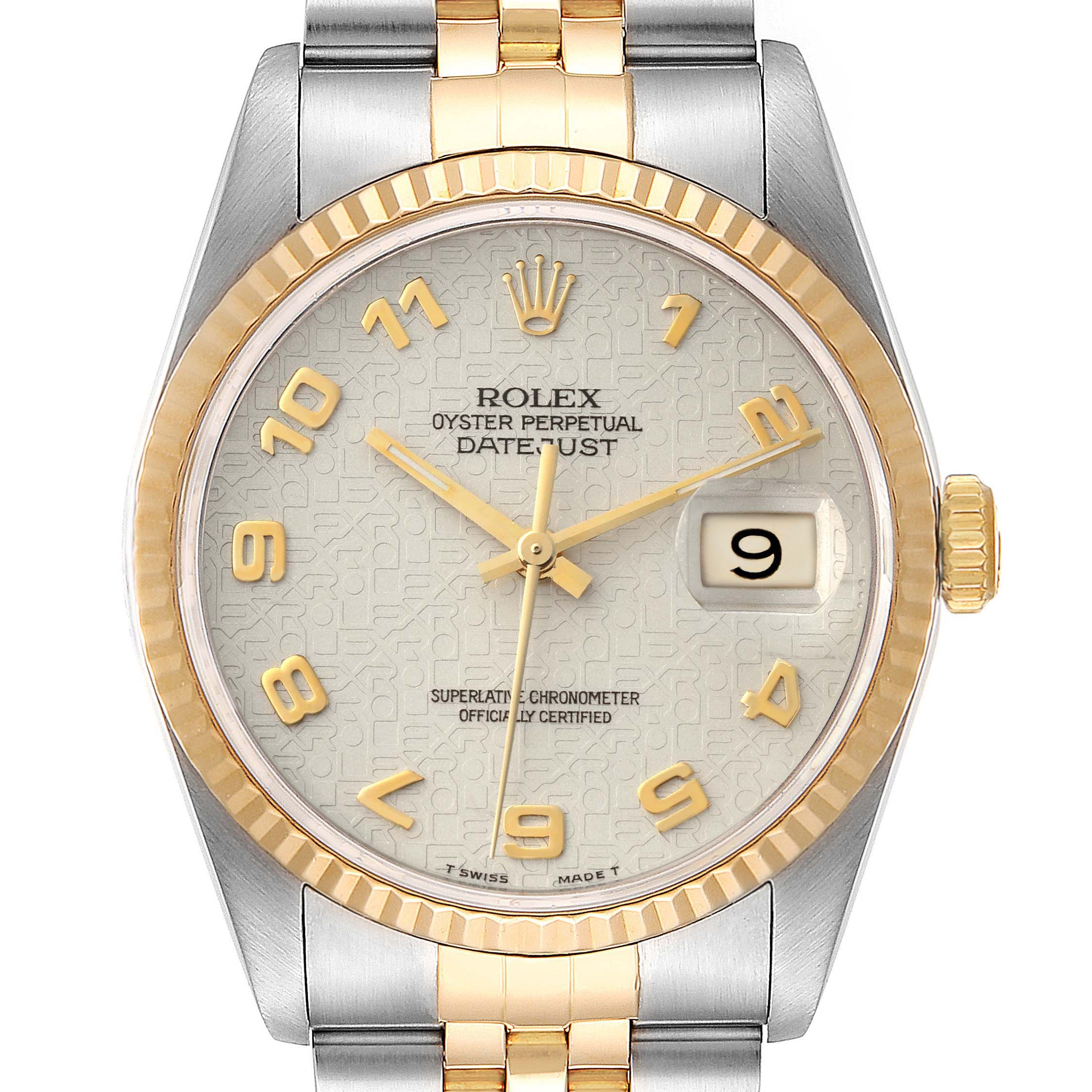 The image shows a front view of a Rolex Datejust 16233 Men's Steel and Gold (two tone) Beige Dial 16233 Men's Steel and Gold (two tone) Beige Dial watch, highlighting its face, bezel, and part of its two-tone bracelet.