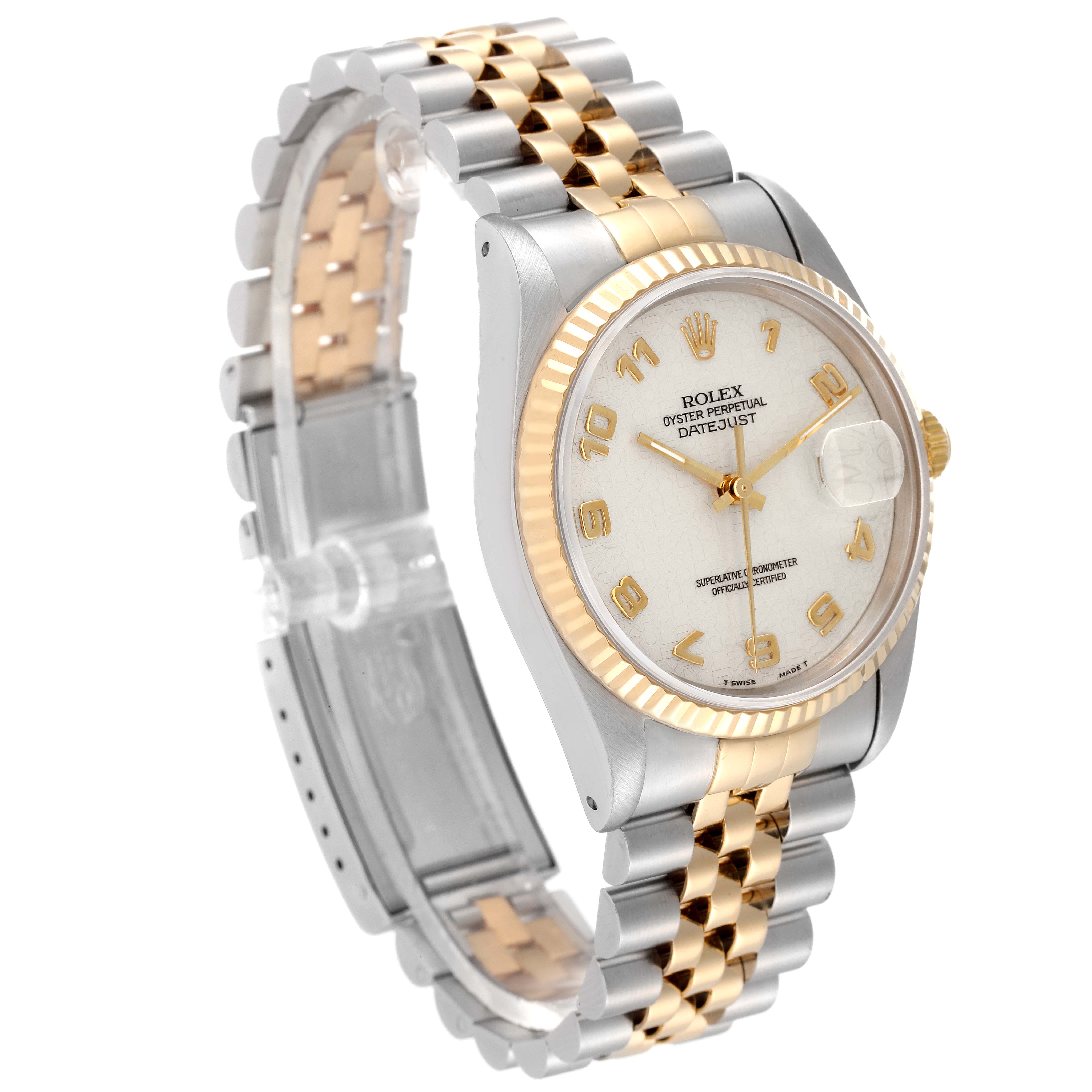 This is a Rolex Datejust 16233 Men's Steel and Gold (two tone) Beige Dial 16233 Men's Steel and Gold (two tone) Beige Dial watch shown at a three-quarter angle, highlighting the bracelet, case, bezel, and dial.