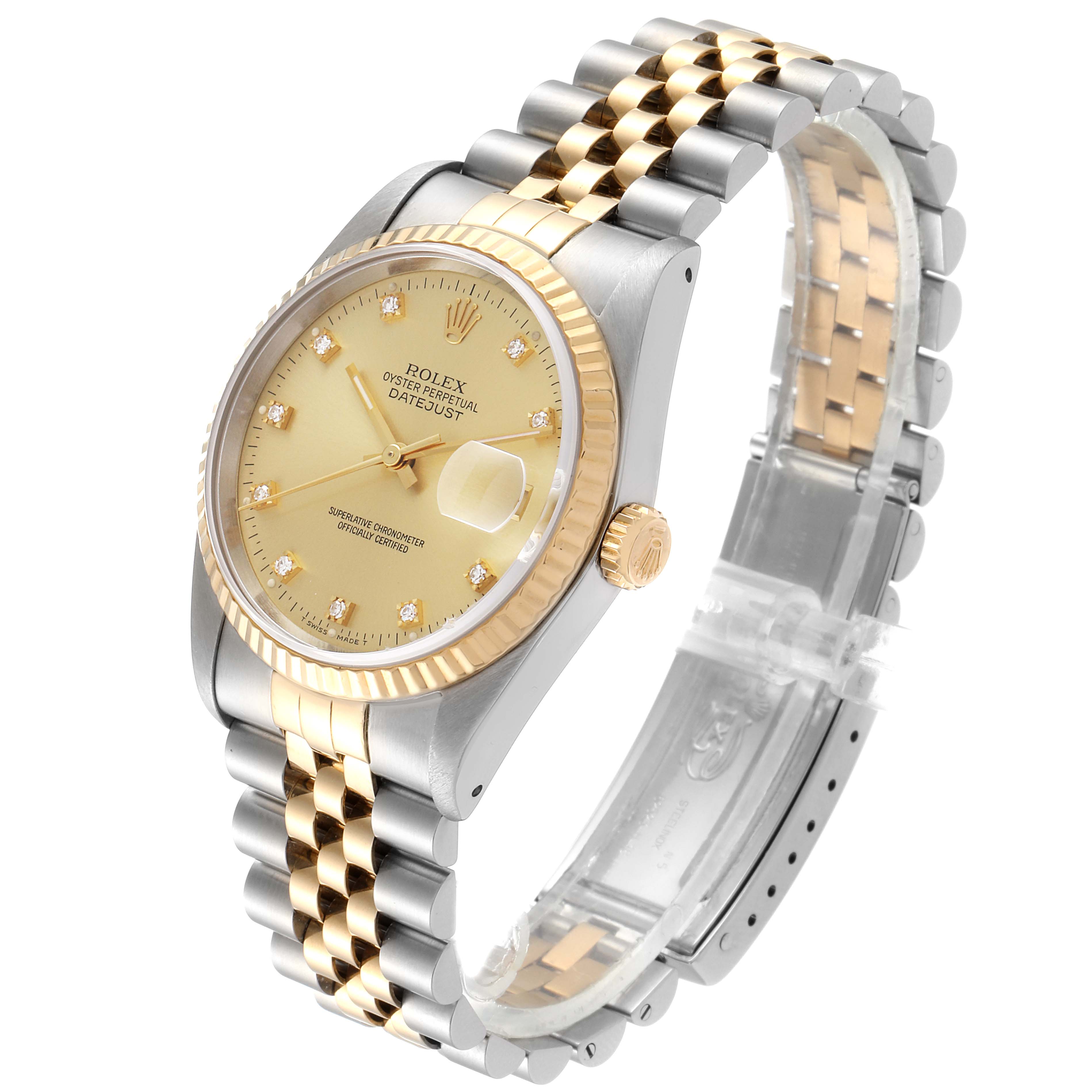 The image shows a Rolex Datejust 16233 Men's Steel and Gold (two tone) Champagne Dial 16233 Men's Steel and Gold (two tone) Champagne Dial watch at an angle highlighting its dial, bezel, crown, and two-tone bracelet.