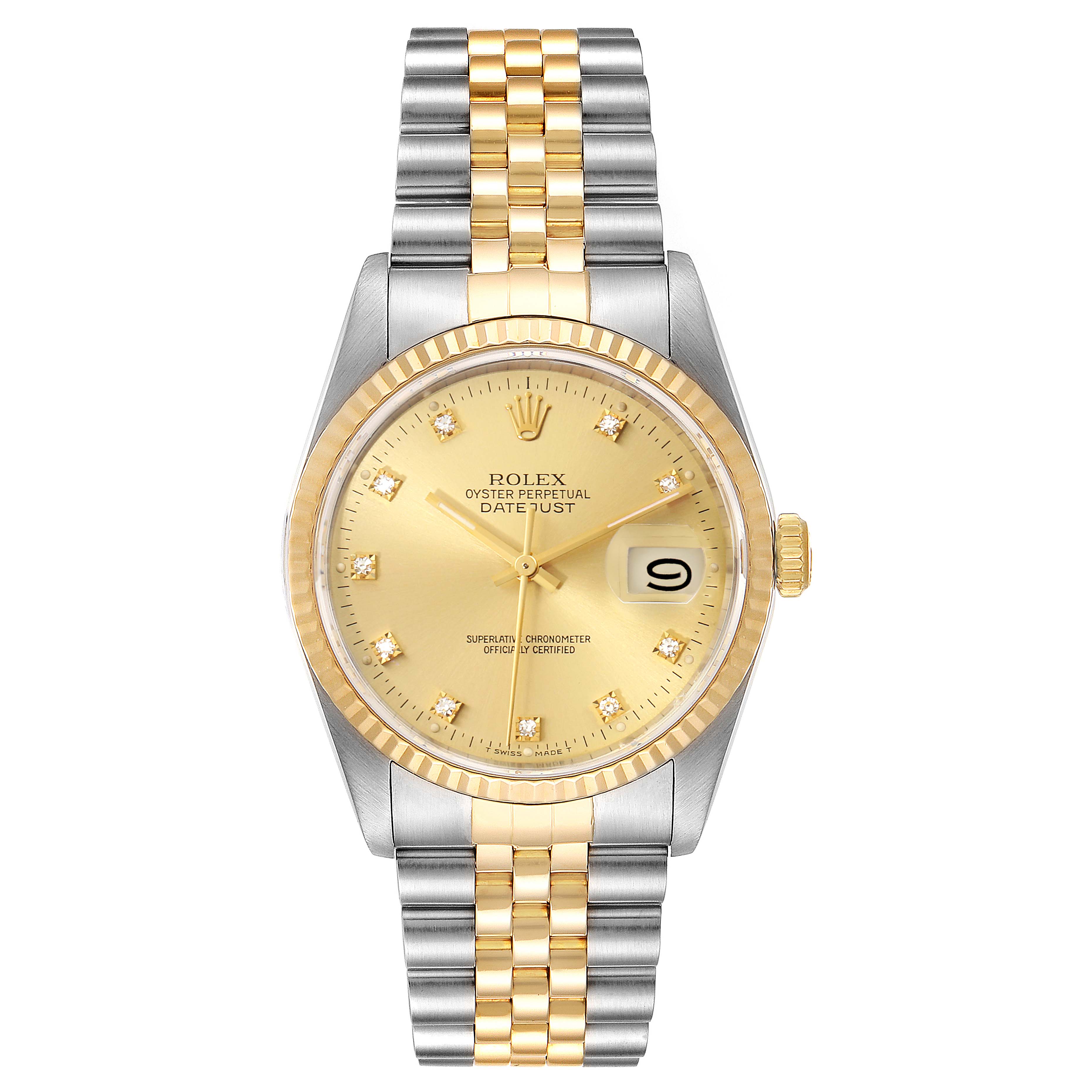 Front view of the Rolex Datejust 16233 Men's Steel and Gold (two tone) Champagne Dial 16233 Men's Steel and Gold (two tone) Champagne Dial watch, showing the dial, bezel, bracelet, and date window.