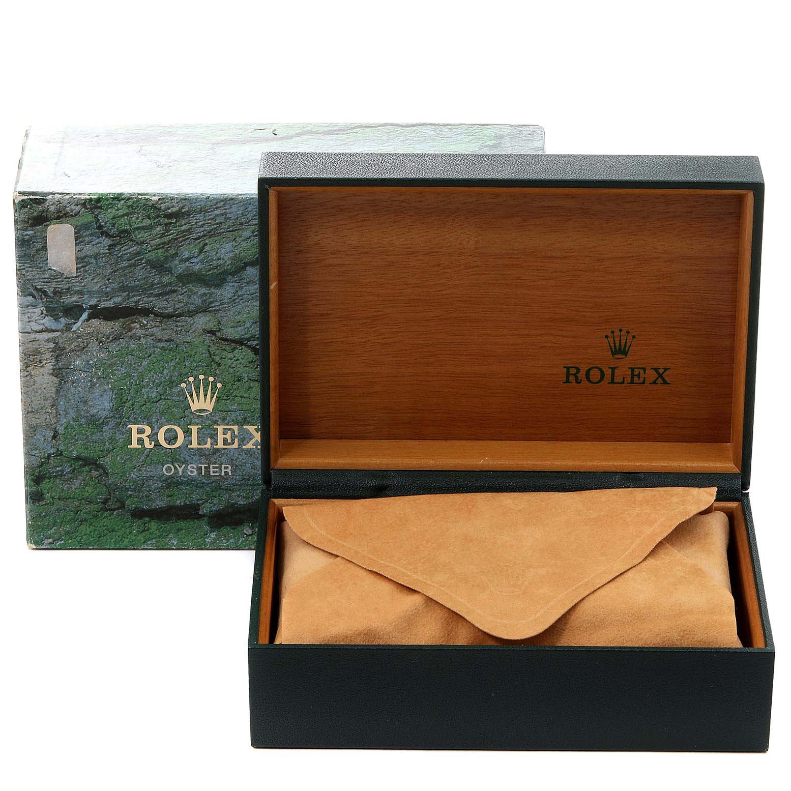 The image shows an open Rolex Datejust 16233 Men's Steel and Gold (two tone) Champagne Dial 16233 Men's Steel and Gold (two tone) Champagne Dial watch box with an outer box and a suede pouch inside.