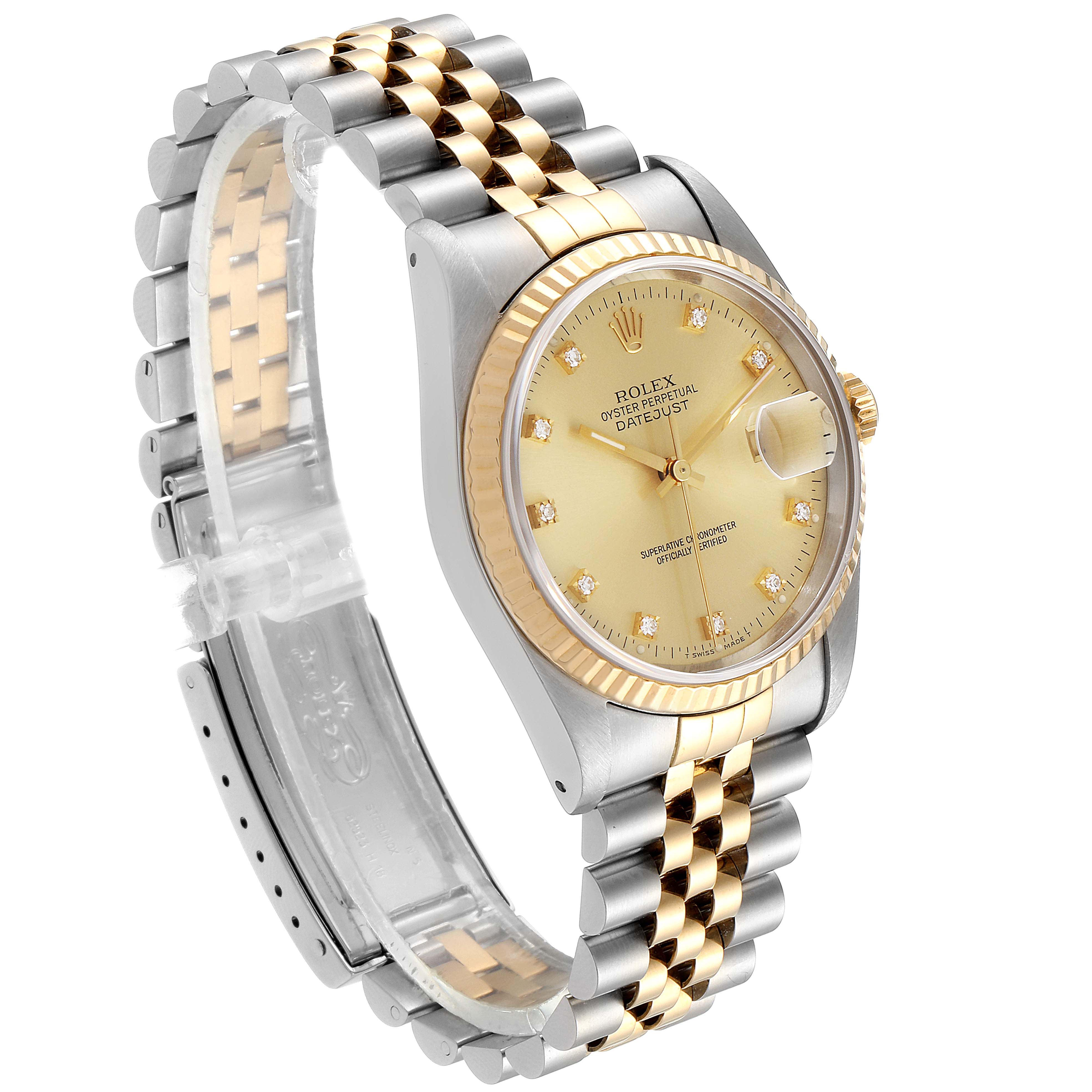 This image shows a Rolex Datejust 16233 Men's Steel and Gold (two tone) Champagne Dial 16233 Men's Steel and Gold (two tone) Champagne Dial watch at a three-quarter angle, highlighting its jubilee bracelet, champagne dial, and fluted bezel.