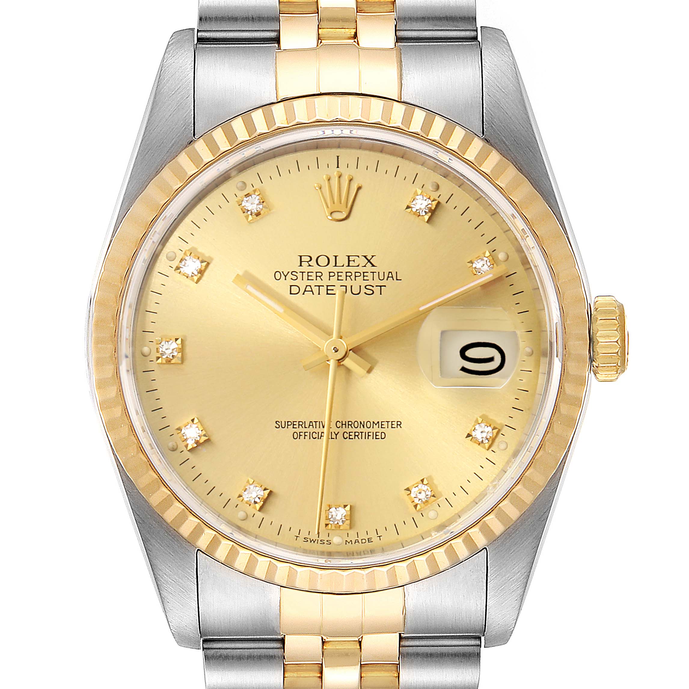 Rolex Datejust Steel 18K Yellow Gold Diamond Dial Mens Watch 16233 ...