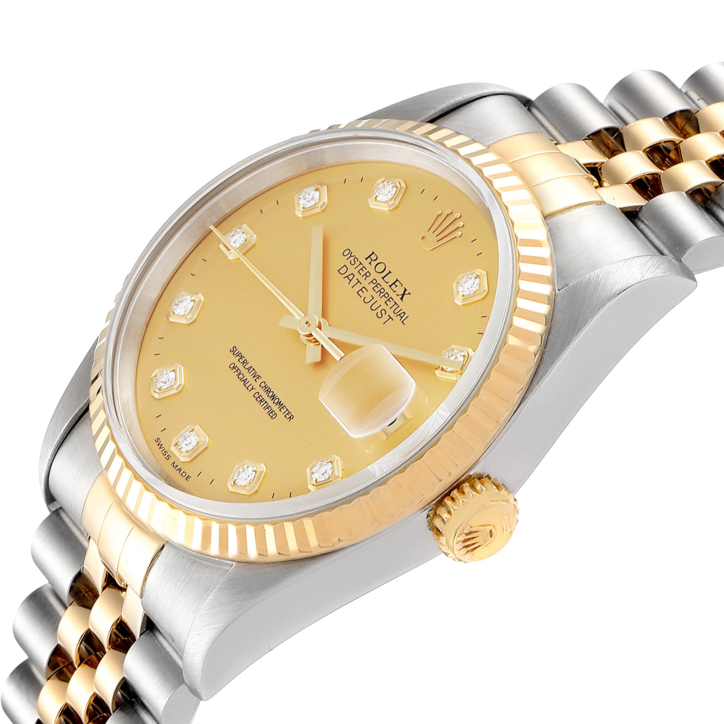 The image shows a close-up angled view of the Rolex Datejust 16233 Men's Steel and Gold (two tone) Champagne Dial 16233 Men's Steel and Gold (two tone) Champagne Dial watch, highlighting the dial, bezel, crown, and part of the bracelet.