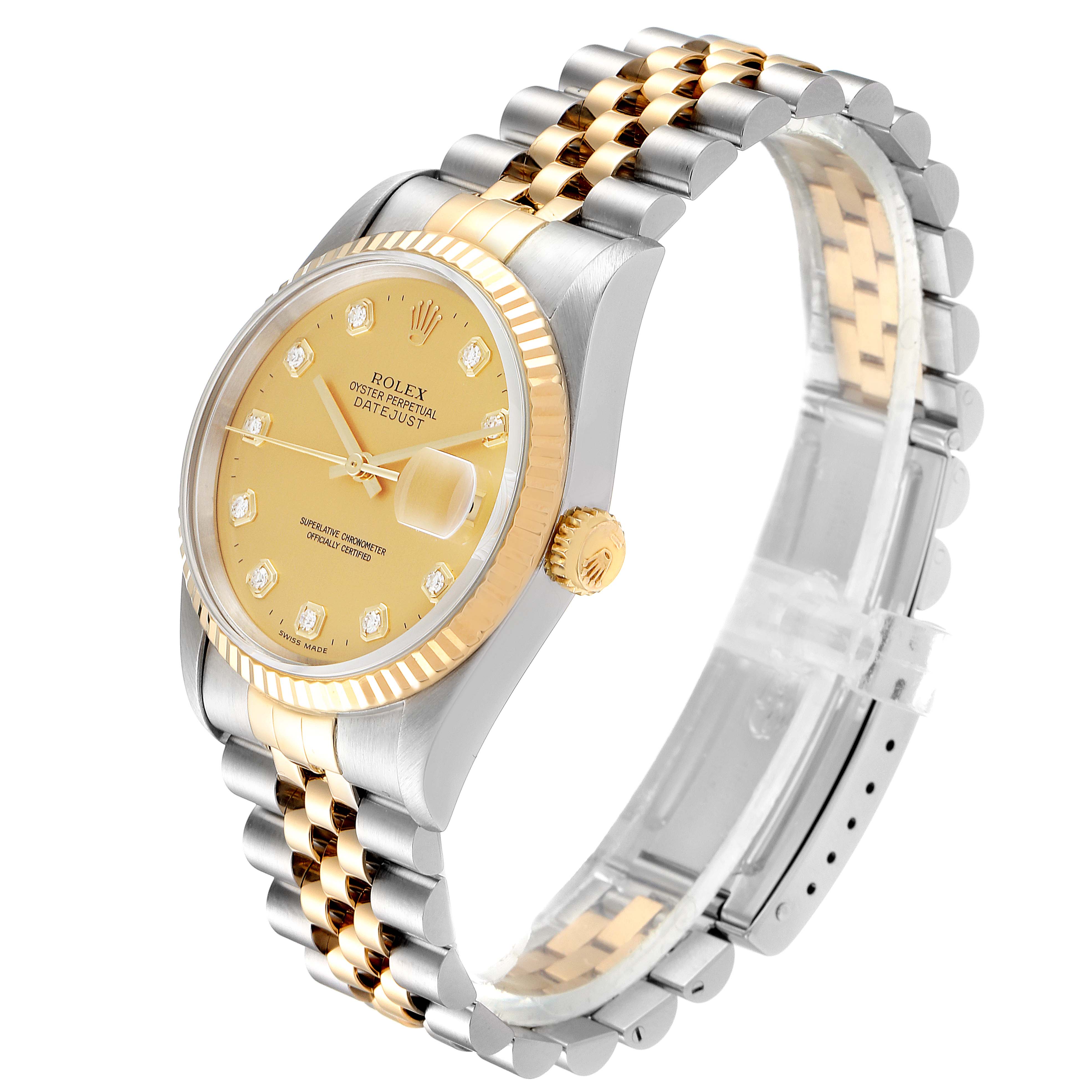 This image shows a Rolex Datejust 16233 Men's Steel and Gold (two tone) Champagne Dial 16233 Men's Steel and Gold (two tone) Champagne Dial in a 3/4 angle displaying the dial, bezel, crown, and jubilee bracelet.