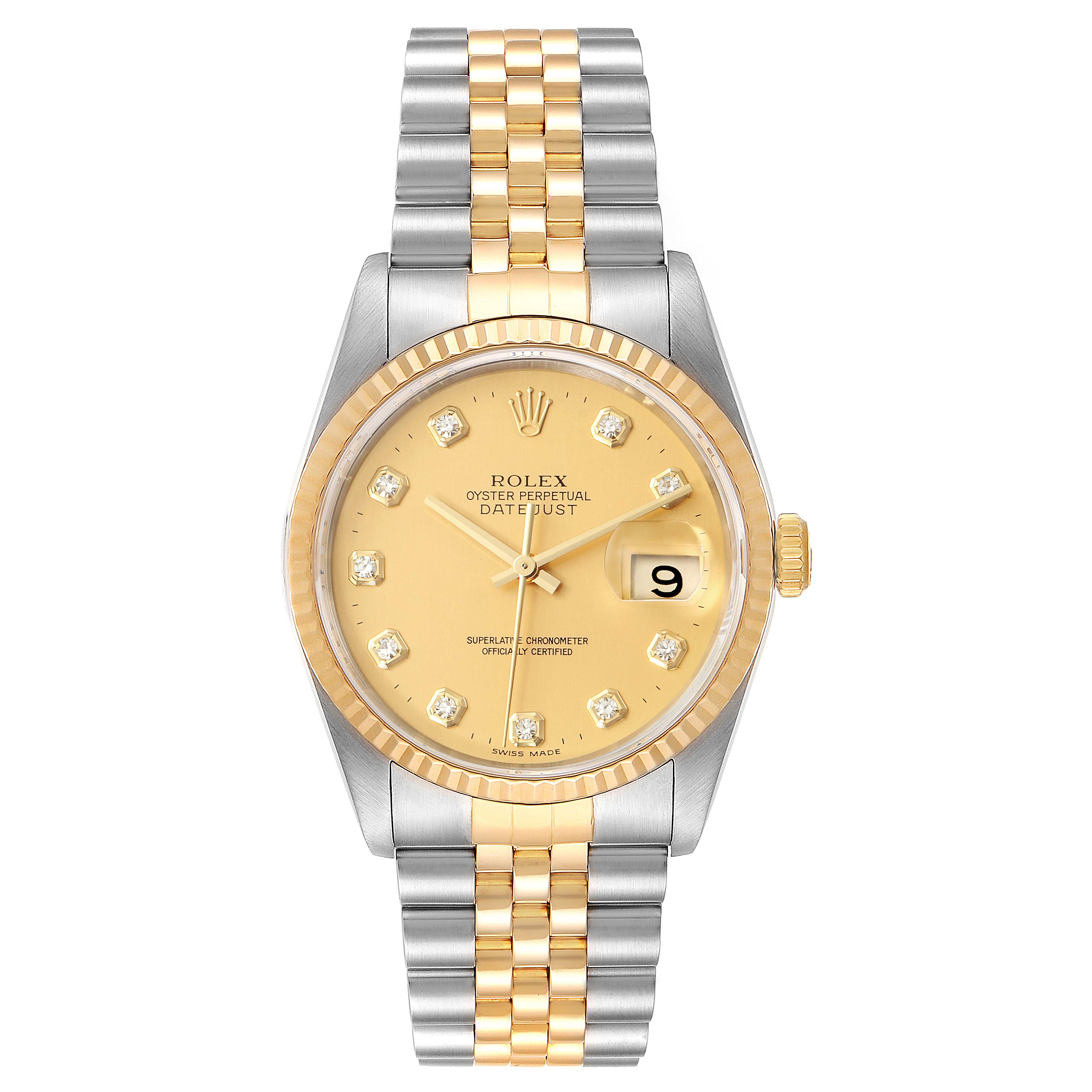 This Rolex Datejust 16233 Men's Steel and Gold (two tone) Champagne Dial 16233 Men's Steel and Gold (two tone) Champagne Dial watch is shown from a front angle, displaying its two-tone bracelet, champagne dial, and date window.