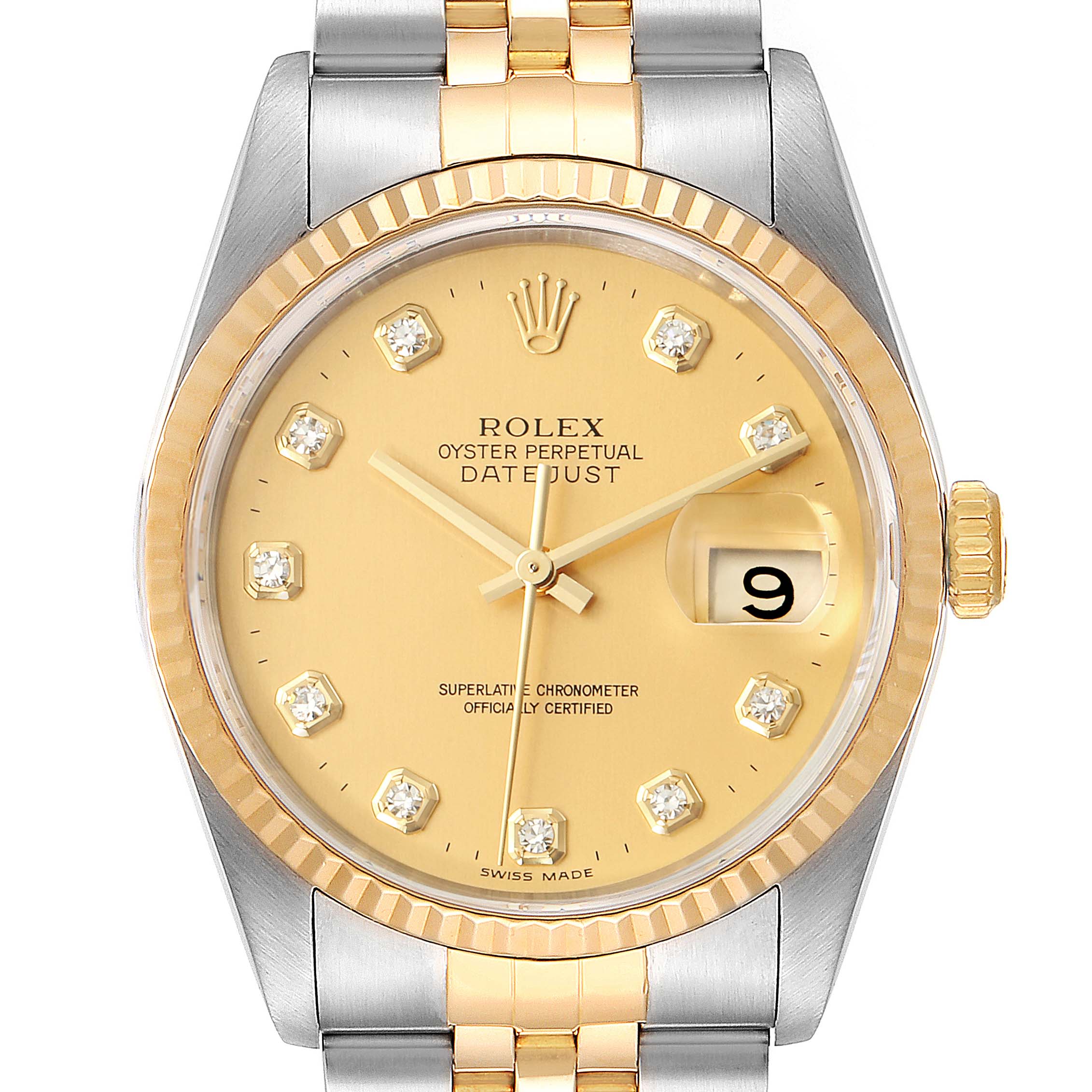 Rolex Datejust Steel 18K Yellow Gold Diamond Dial Mens Watch 16233 Box ...