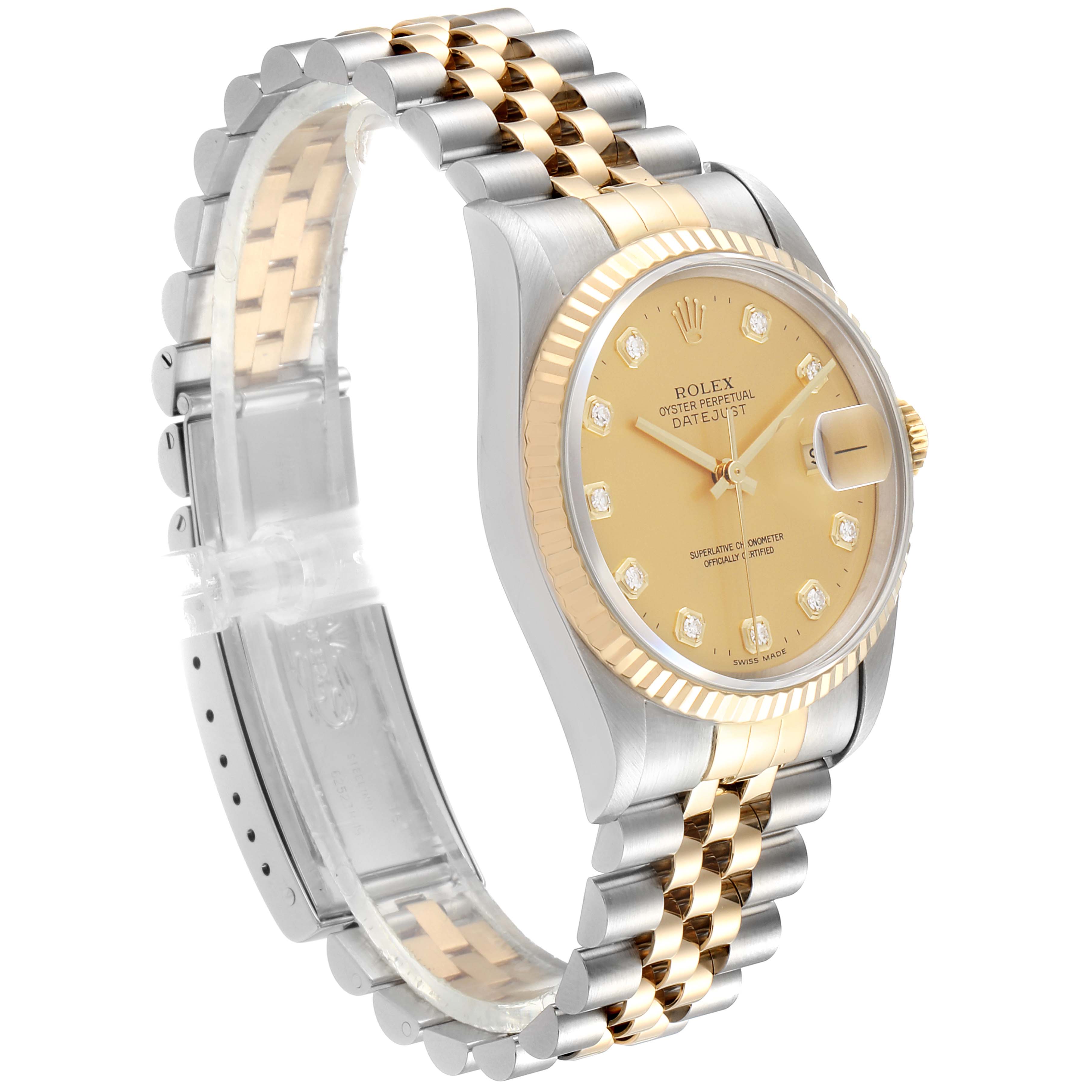 This image shows a side angle of the Rolex Datejust 16233 Men's Steel and Gold (two tone) Champagne Dial 16233 Men's Steel and Gold (two tone) Champagne Dial, featuring its two-tone bracelet, gold dial, and fluted bezel.