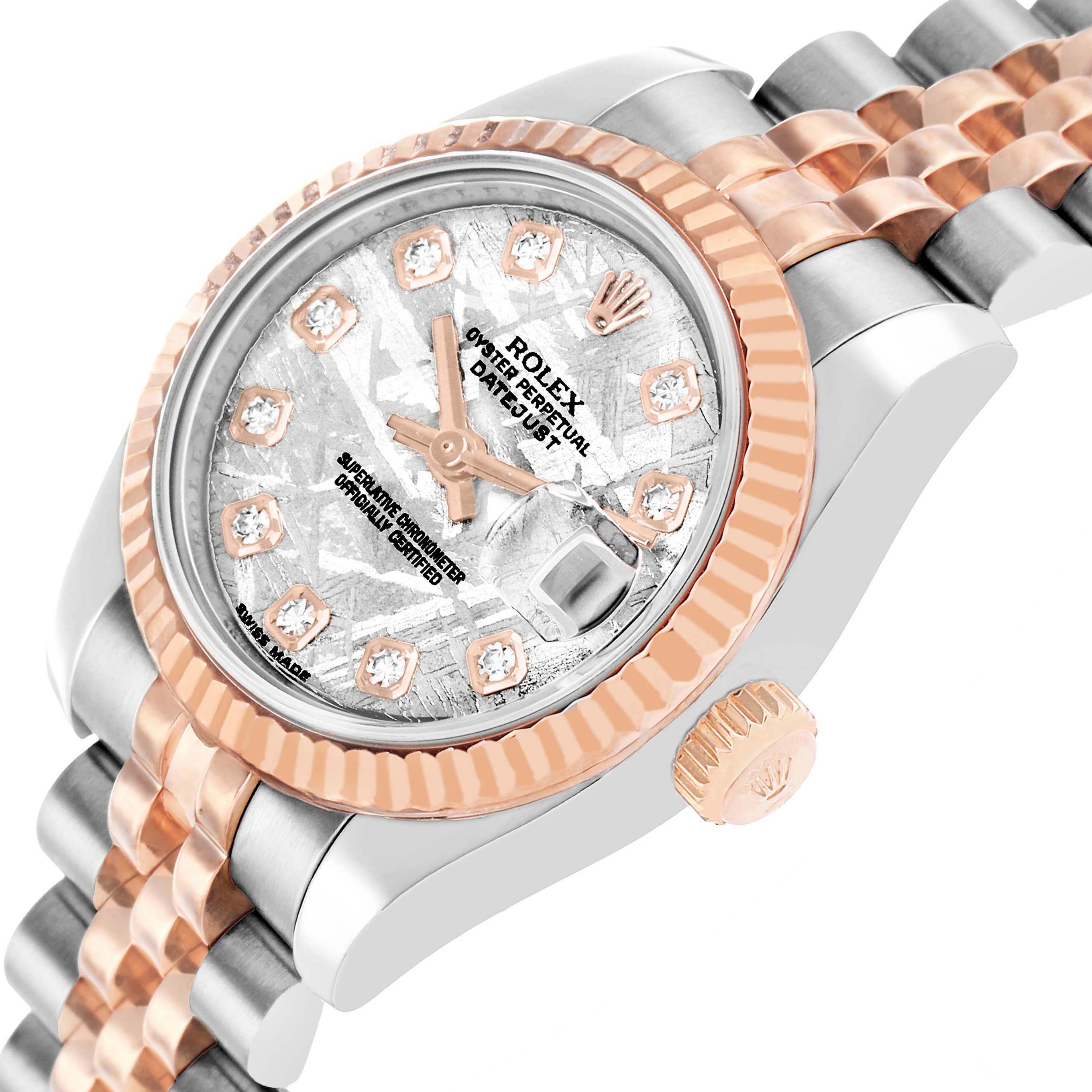 The Rolex Datejust 179171 Women's Steel and Gold (two tone) Silver Dial watch is shown at a three-quarter angle, highlighting the dial, bezel, crown, and part of the bracelet.