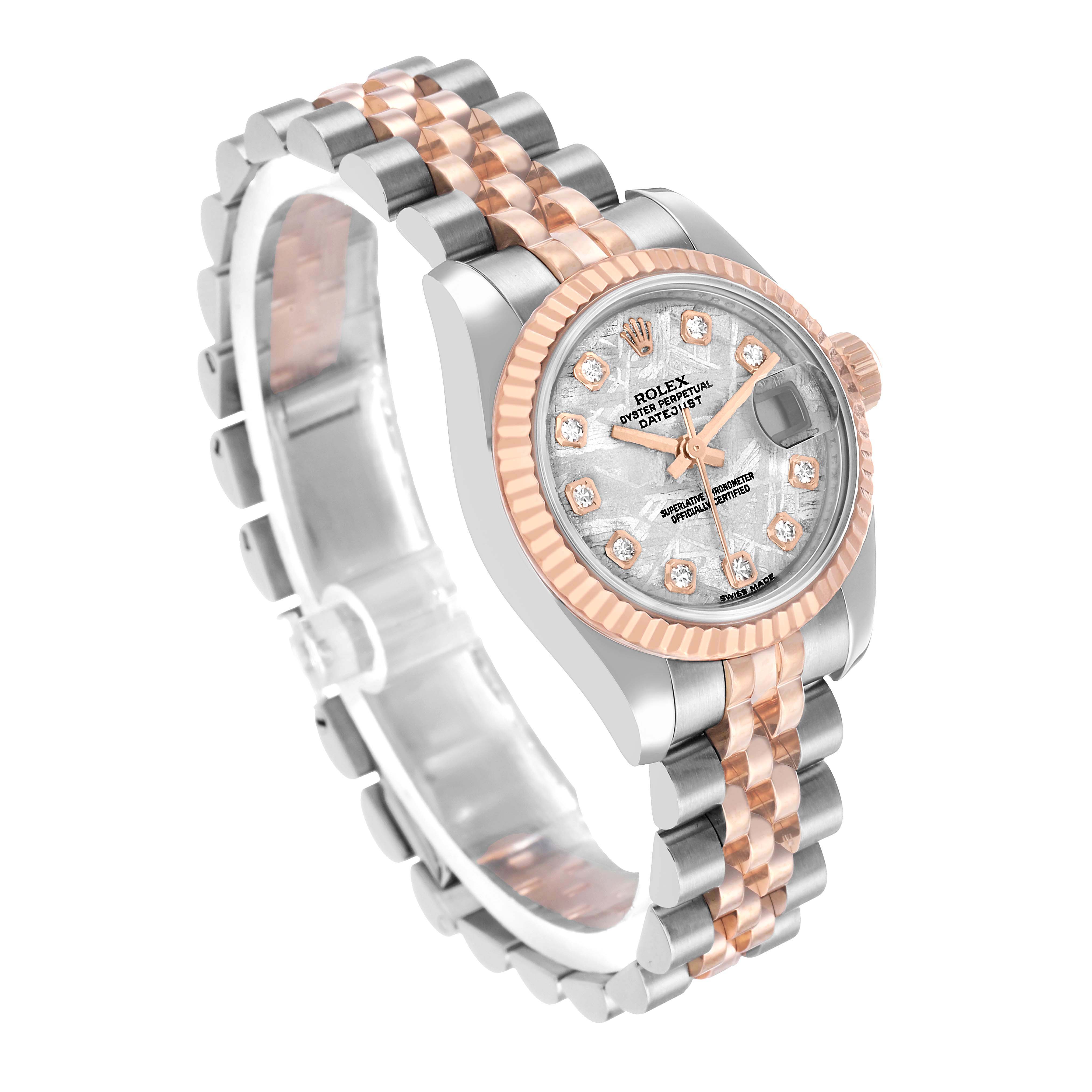 The Rolex Datejust 179171 Women's Steel and Gold (two tone) Silver Dial watch is shown at a three-quarter angle, highlighting its dial, bezel, and two-tone bracelet.