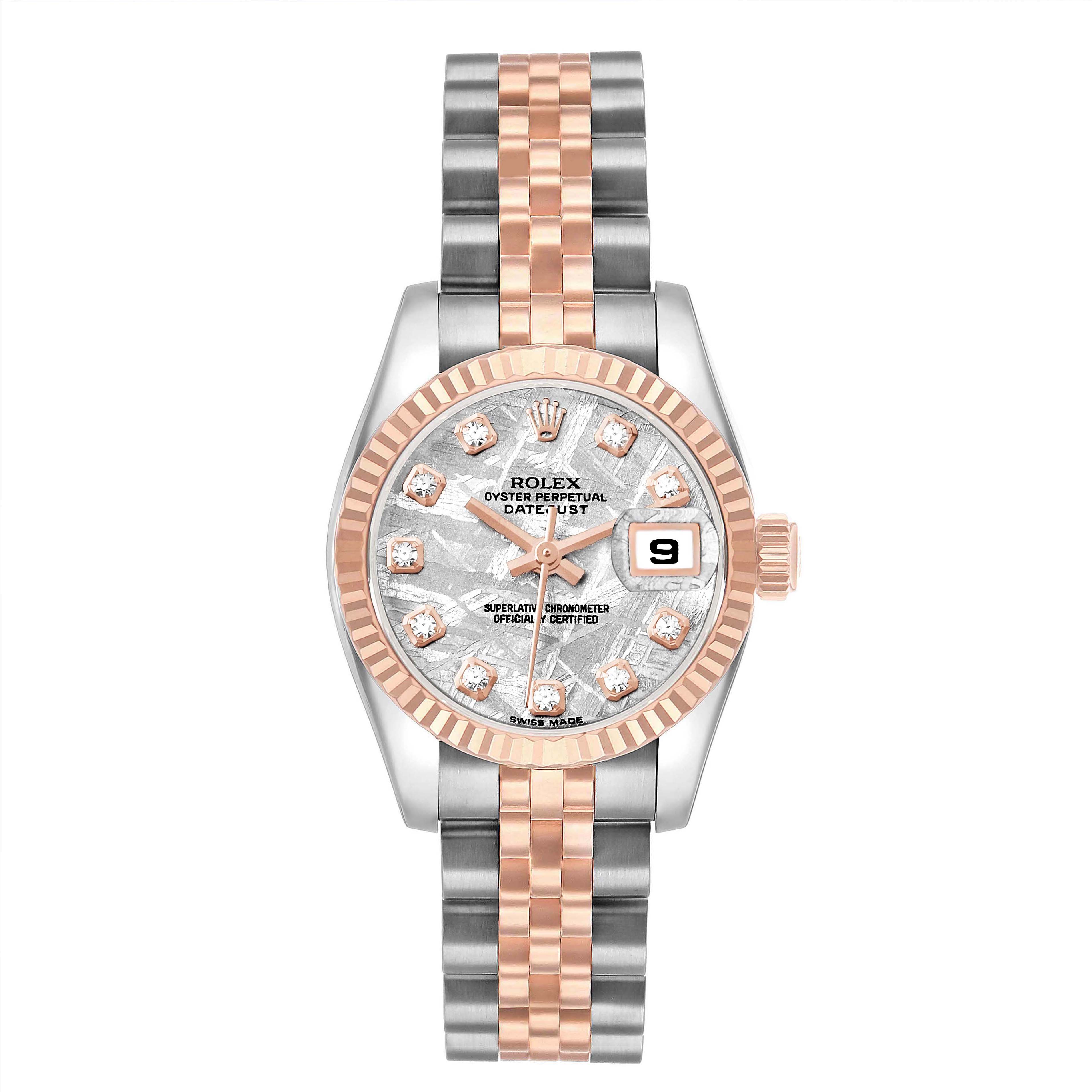 The Rolex Datejust 179171 Women's Steel and Gold (two tone) Silver Dial watch is shown from a top-down angle, highlighting the dial, bezel, and two-tone bracelet.