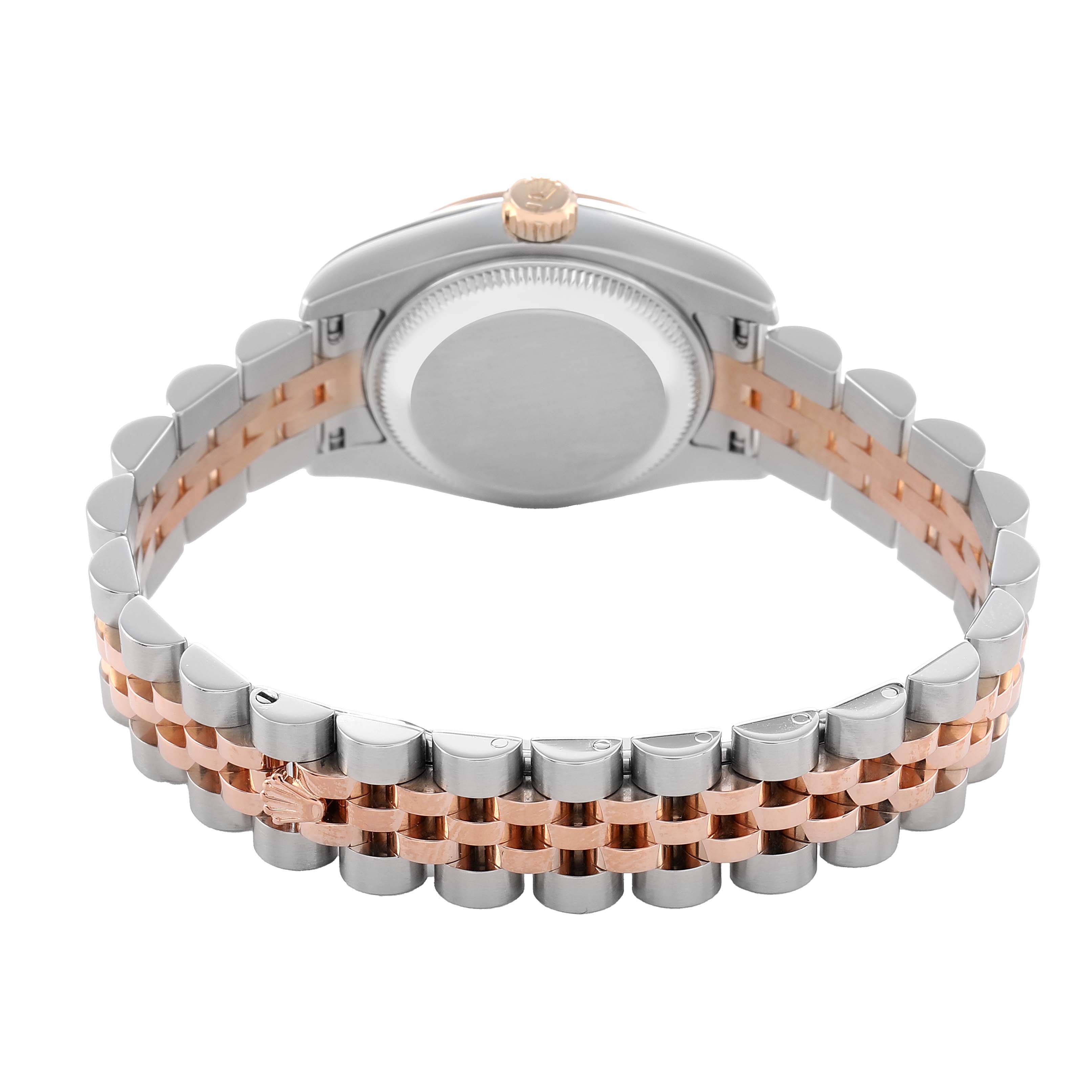 The image shows the back and underside of a Rolex Datejust 179171 Women's Steel and Gold (two tone) Silver Dial, highlighting the case back and Jubilee bracelet in steel and rose gold.