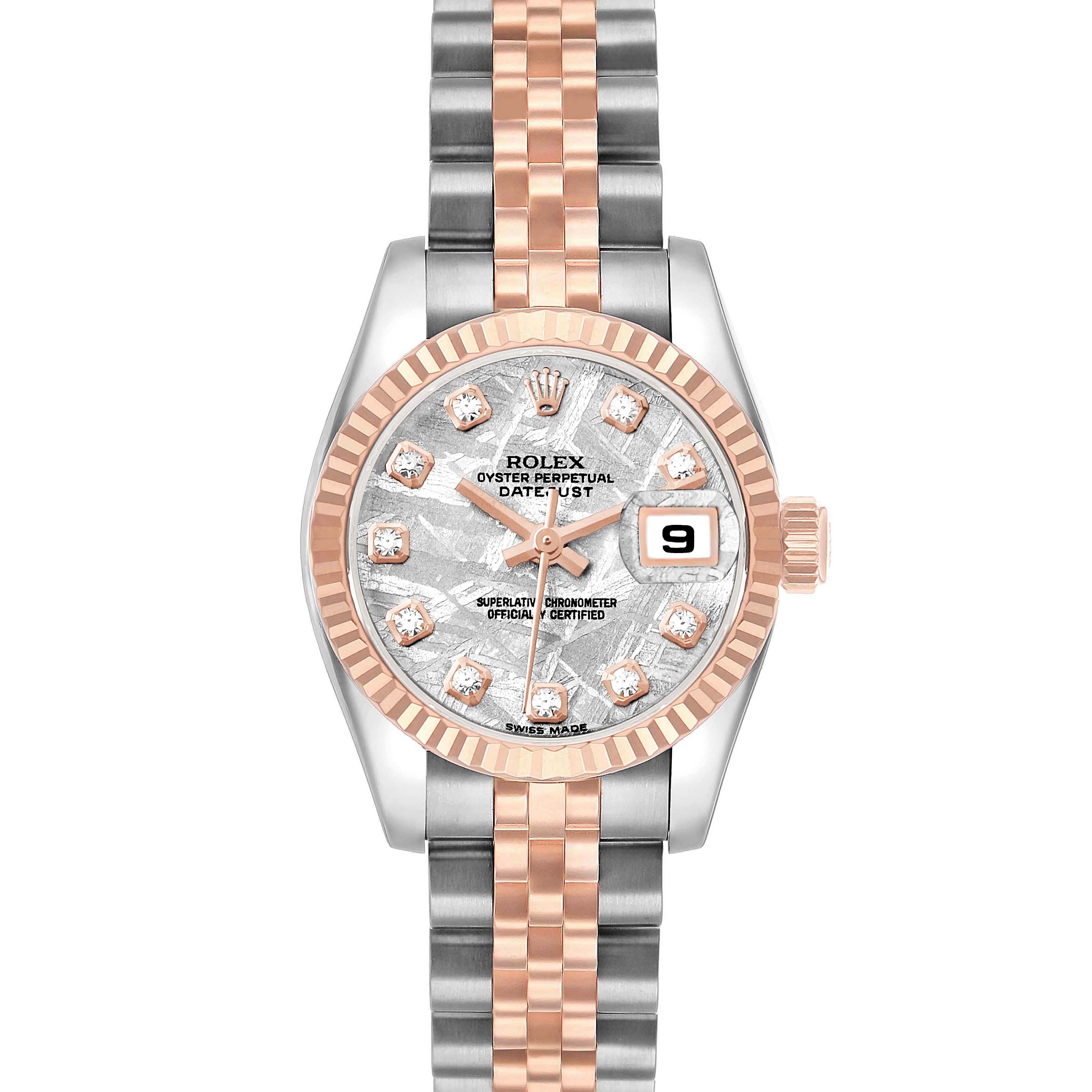 The Rolex Datejust 179171 Women's Steel and Gold (two tone) Silver Dial watch is shown from the front, displaying the face, bezel, and bracelet.