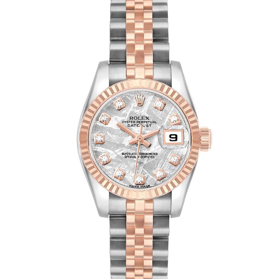 The Rolex Datejust 179171 Women's Steel and Gold (two tone) Silver Dial watch is shown from the front, displaying the face, bezel, and bracelet.