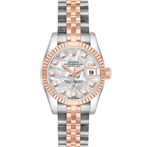 The image shows a frontal view of a Rolex Datejust 179171 Women
s Steel and Gold (two tone) Silver Dial, highlighting the dial, bezel, and bracelet.