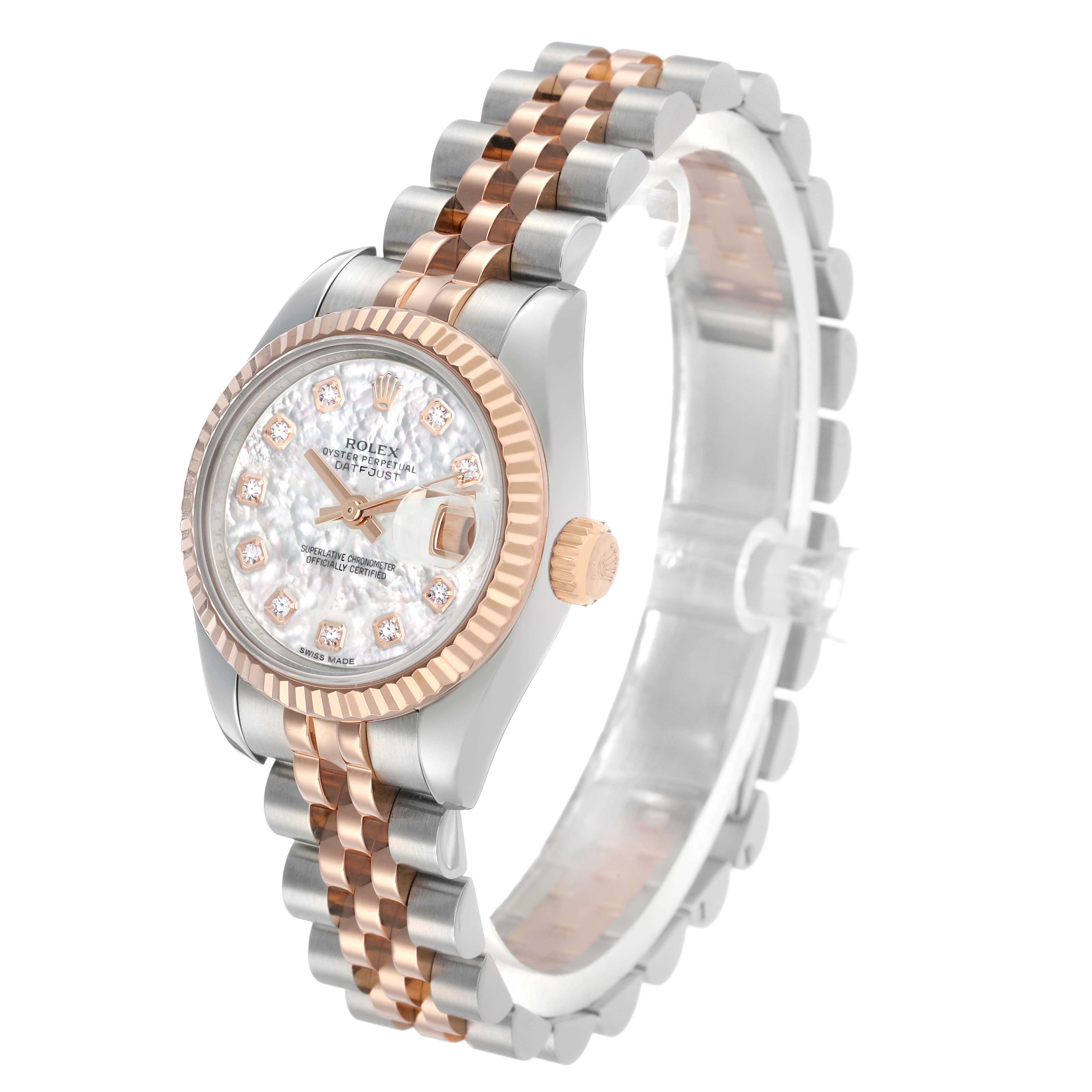 The Rolex Datejust 179171 Women's Steel and Gold (two tone) Mother of Pearl Dial watch is shown at a three-quarter angle, highlighting the face, bezel, crown, and bracelet.