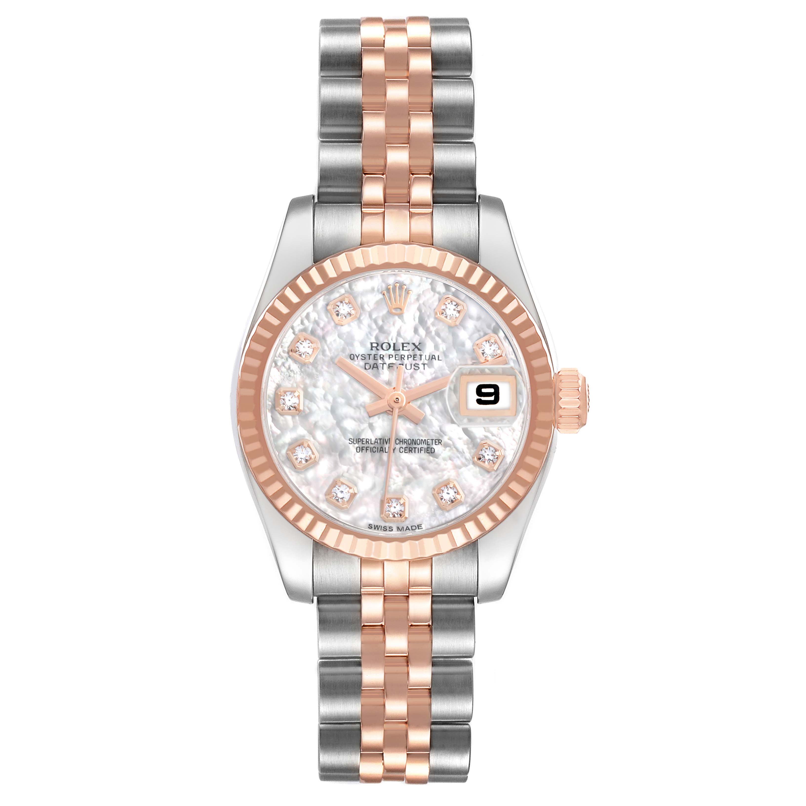 The Rolex Datejust 179171 Women's Steel and Gold (two tone) Mother of Pearl Dial watch is shown from a top-down angle, displaying the dial, bezel, and two-tone bracelet.