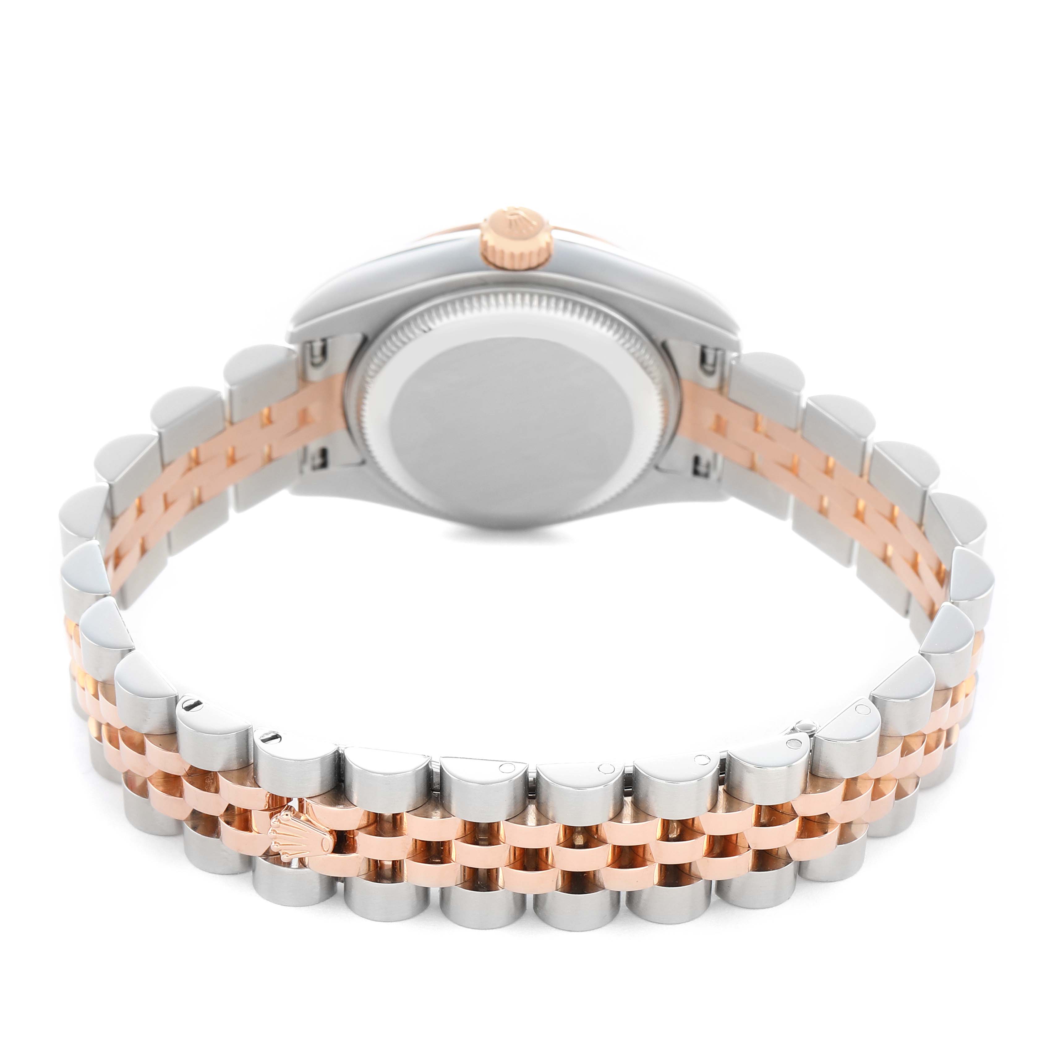 The image shows the Rolex Datejust 179171 Women's Steel and Gold (two tone) Mother of Pearl Dial watch from the back, highlighting the case back and two-tone bracelet.