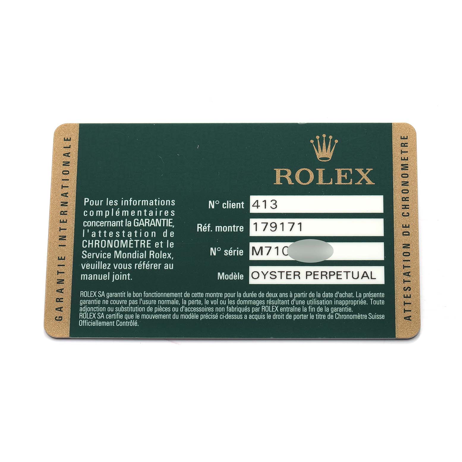 The image shows a warranty card for a Rolex Datejust 179171 Women's Steel and Gold (two tone) Mother of Pearl Dial, detailing model and serial information.