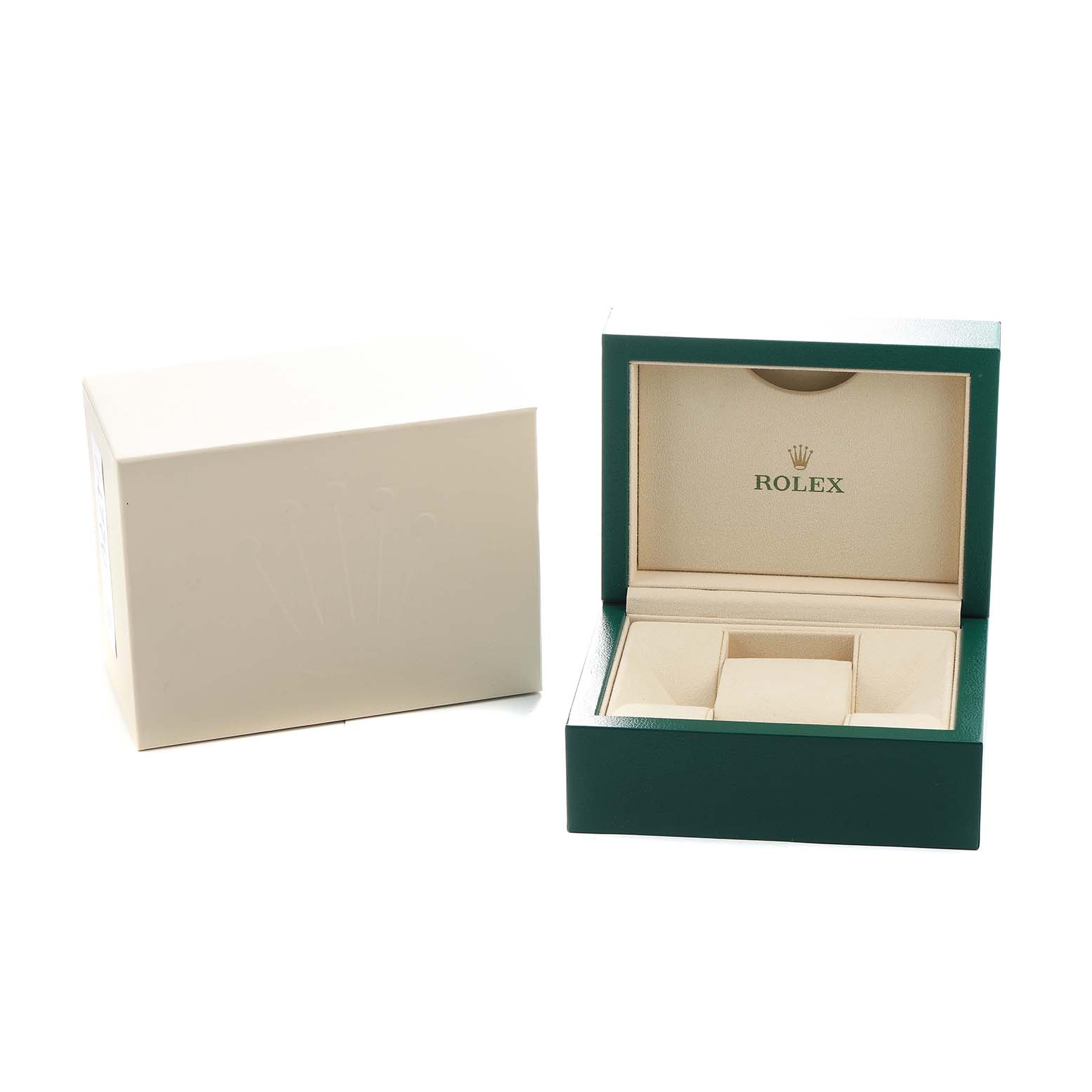 The image shows an open and closed box for a Rolex Datejust 179171 Women's Steel and Gold (two tone) Mother of Pearl Dial, displaying the interior and exterior packaging.