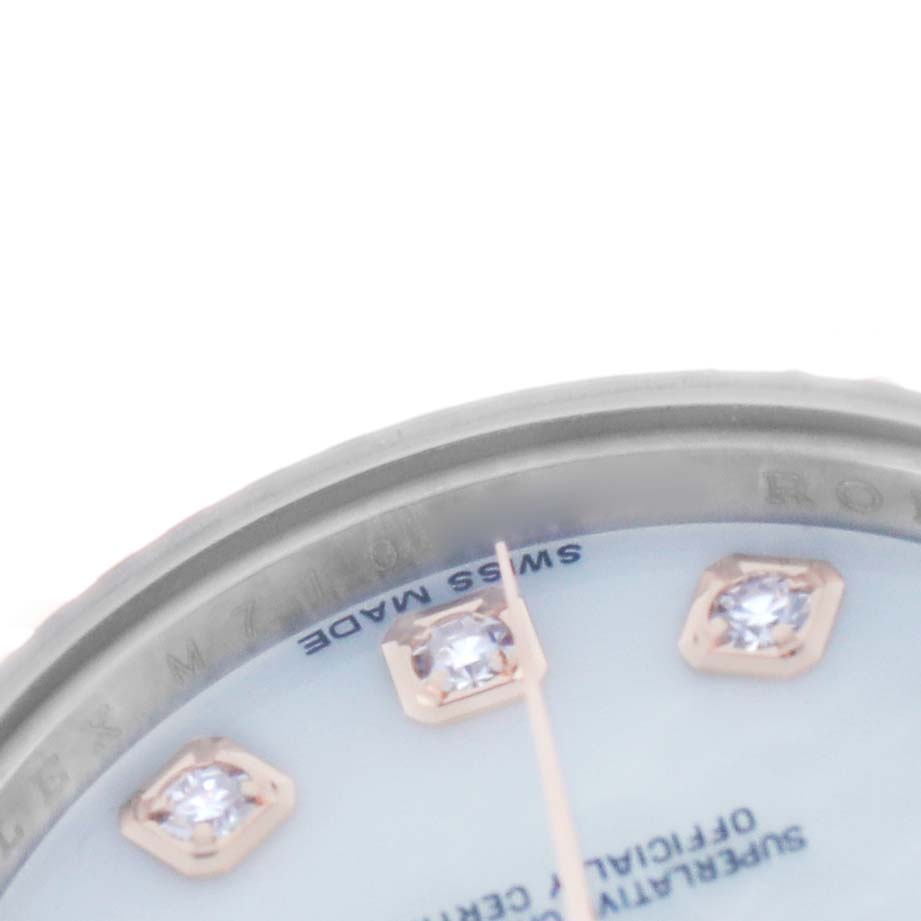 The image shows a close-up of a Rolex Datejust 179171 Women's Steel and Gold (two tone) Mother of Pearl Dial's dial with diamonds, partial bezel, and "Swiss Made" text.